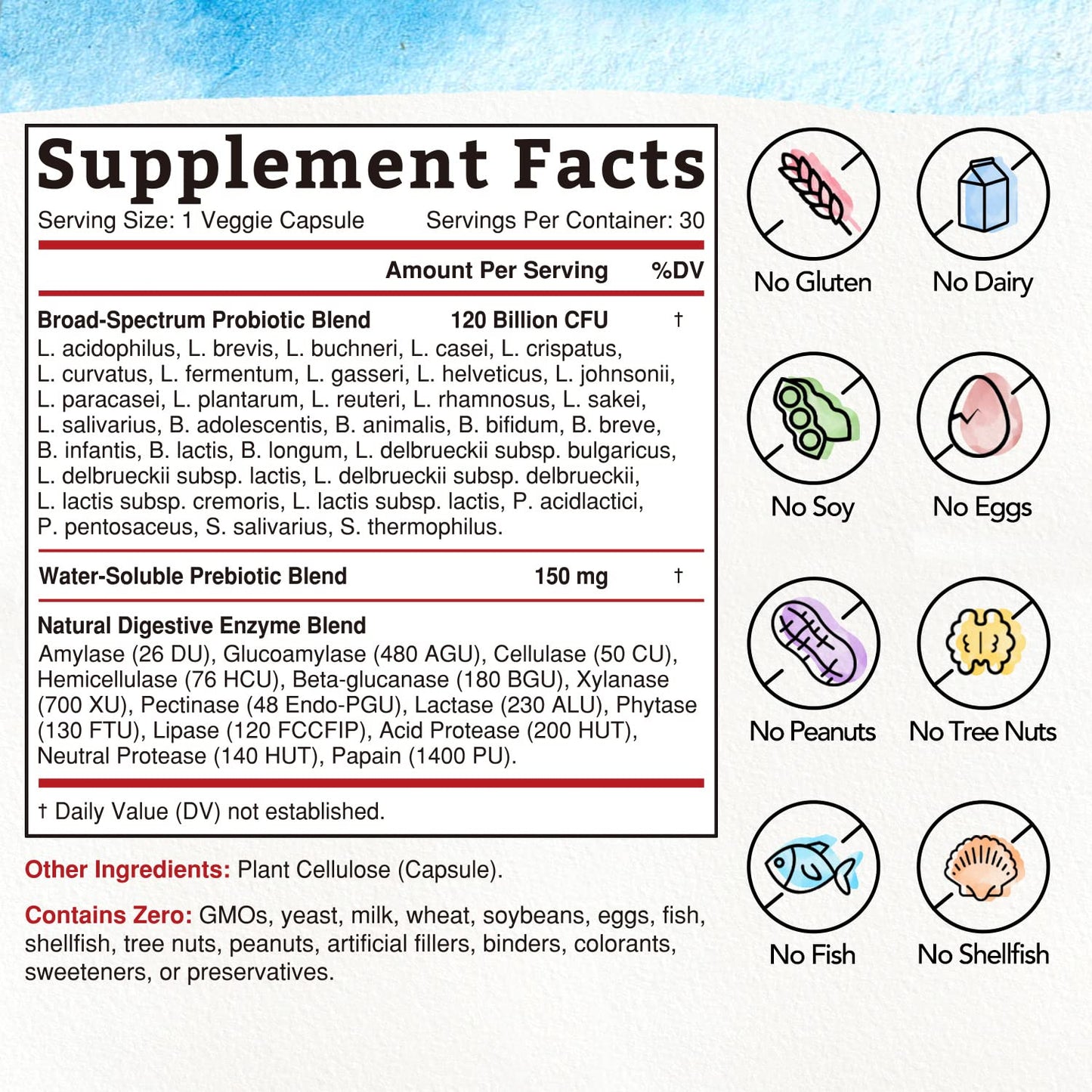 Bonawell Probiotics 120 Billion CFU 32 Strains with Prebiotics, Digestive Enzymes, 3-in-1 Daily Probiotic, Shelf-Stable, Delayed-Release Capsule 30 Count