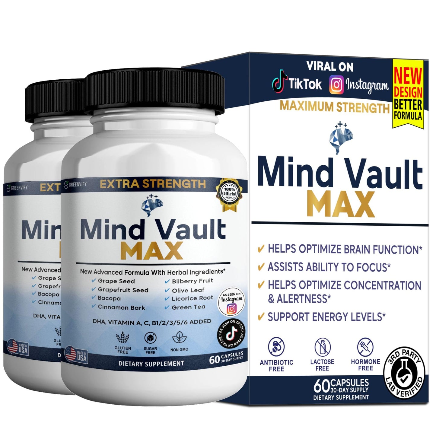 GREENVIFY Mind Vault Max Extra Strength Nootropic Supplement Capsule, 120 Count