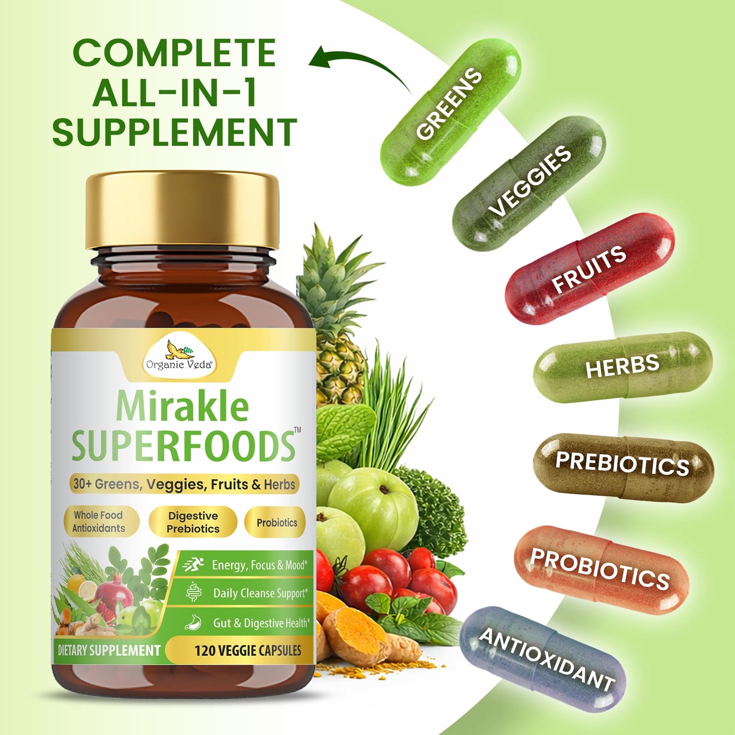 Organic Veda Mirakle Superfoods Greens Capsules - 120 Count
