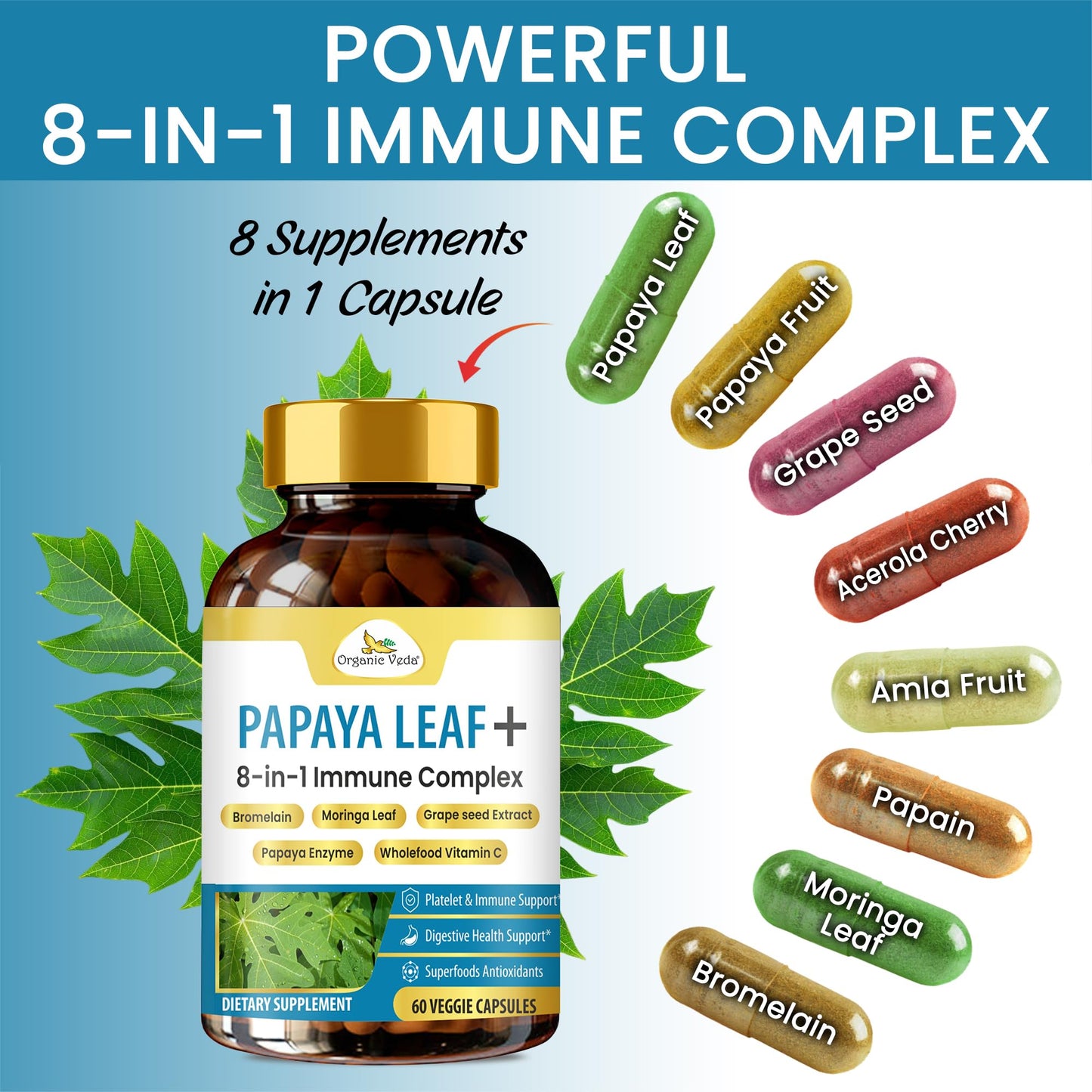 Organic Veda Papaya Leaf + Supplement - 8 in 1 Immune & Platelet Complex with Papain, Papaya Leaf Extract 800 mg, Bromelain, Vitamin C, Grape Seed & Moringa for Bone Marrow & Gut Health, 60 Capsules