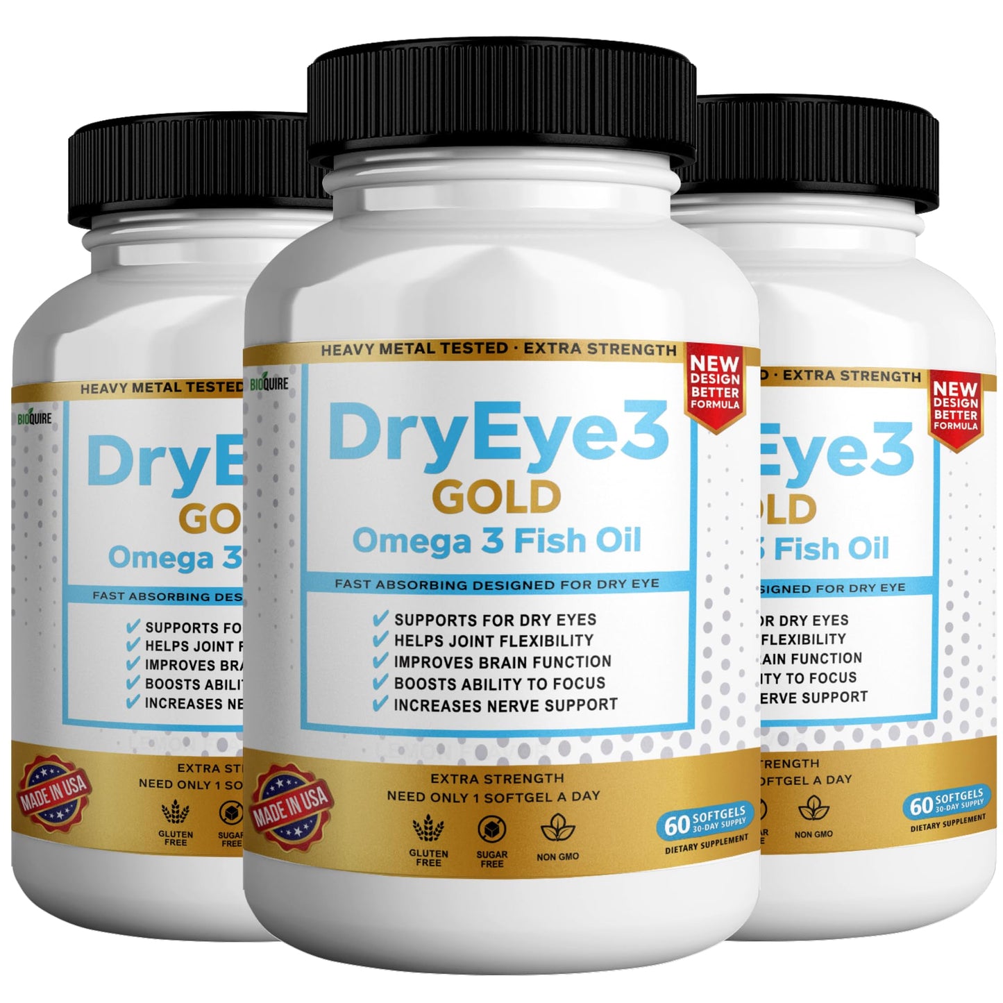 BIOQUIRE Dry Eye 3 Gold Omega-3 Fish Oil Capsules, Extra Strength, 180 Capsules