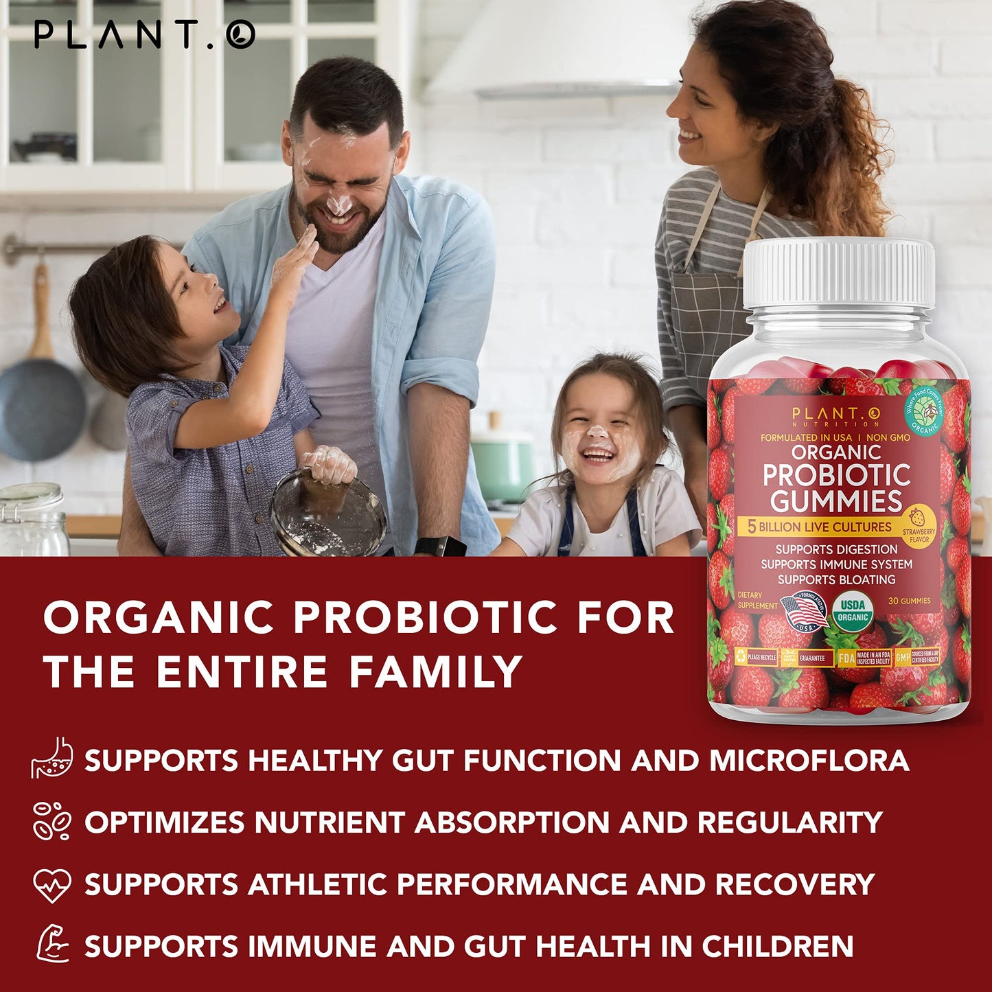 PLANT.O NUTRITION Organic Probiotic Gummies 5 Billion CFUs, 30 Gummies