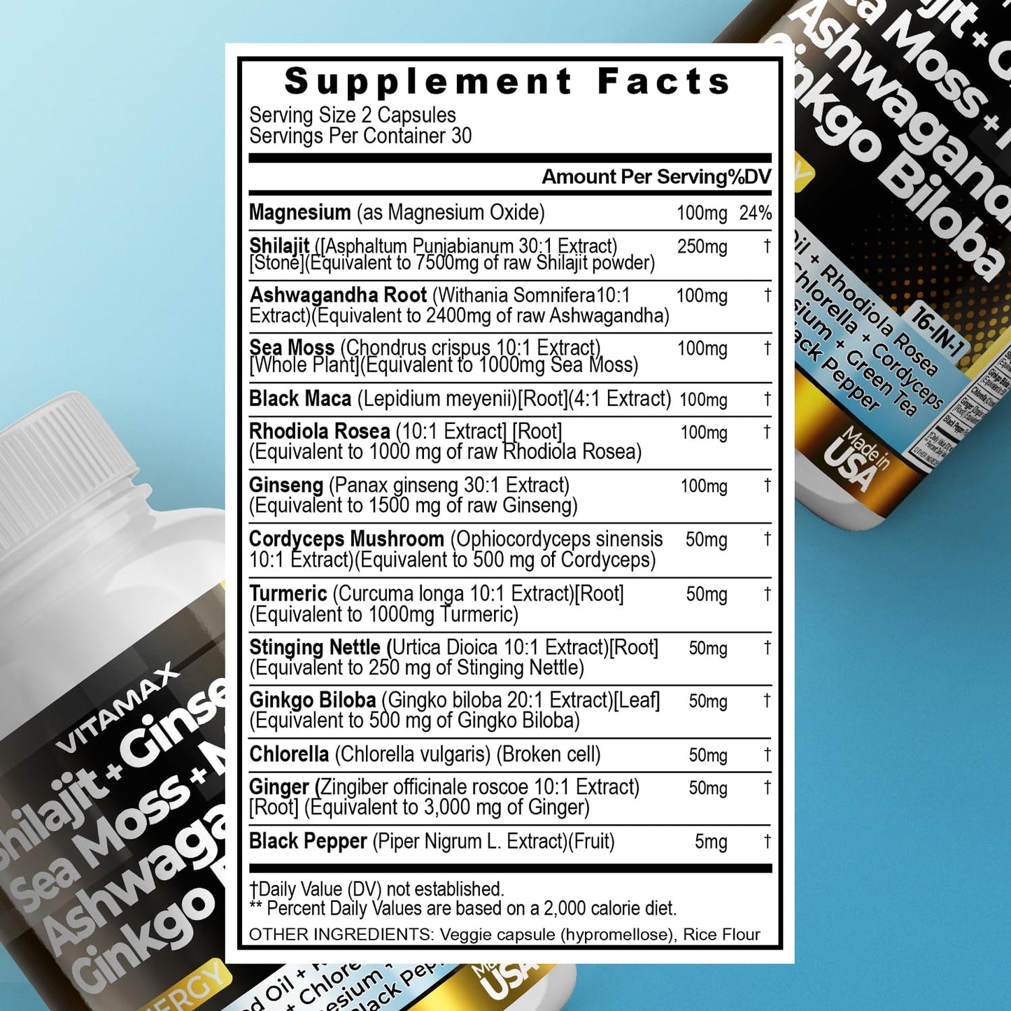 Vitamax Pure Himalayan Shilajit Supplement with Ashwagandha, Sea Moss, Rhodiola Rosea, Gingko Biloba - Fulvic Acid & Trace Mineral Capsules, 120 Count