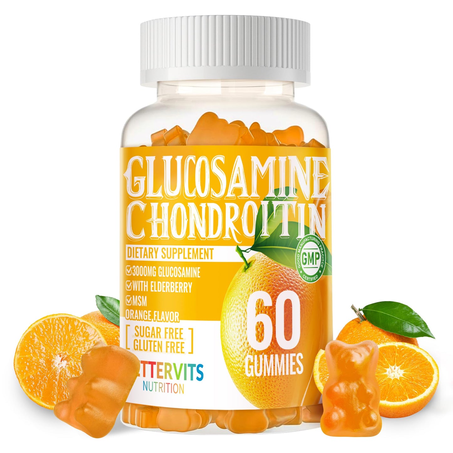 Bettervits Nutrition Glucosamine Chondroitin Gummies with MSM & Elderberry Extra Strength Joint Support, Antioxidant Immune Support, 60 Count