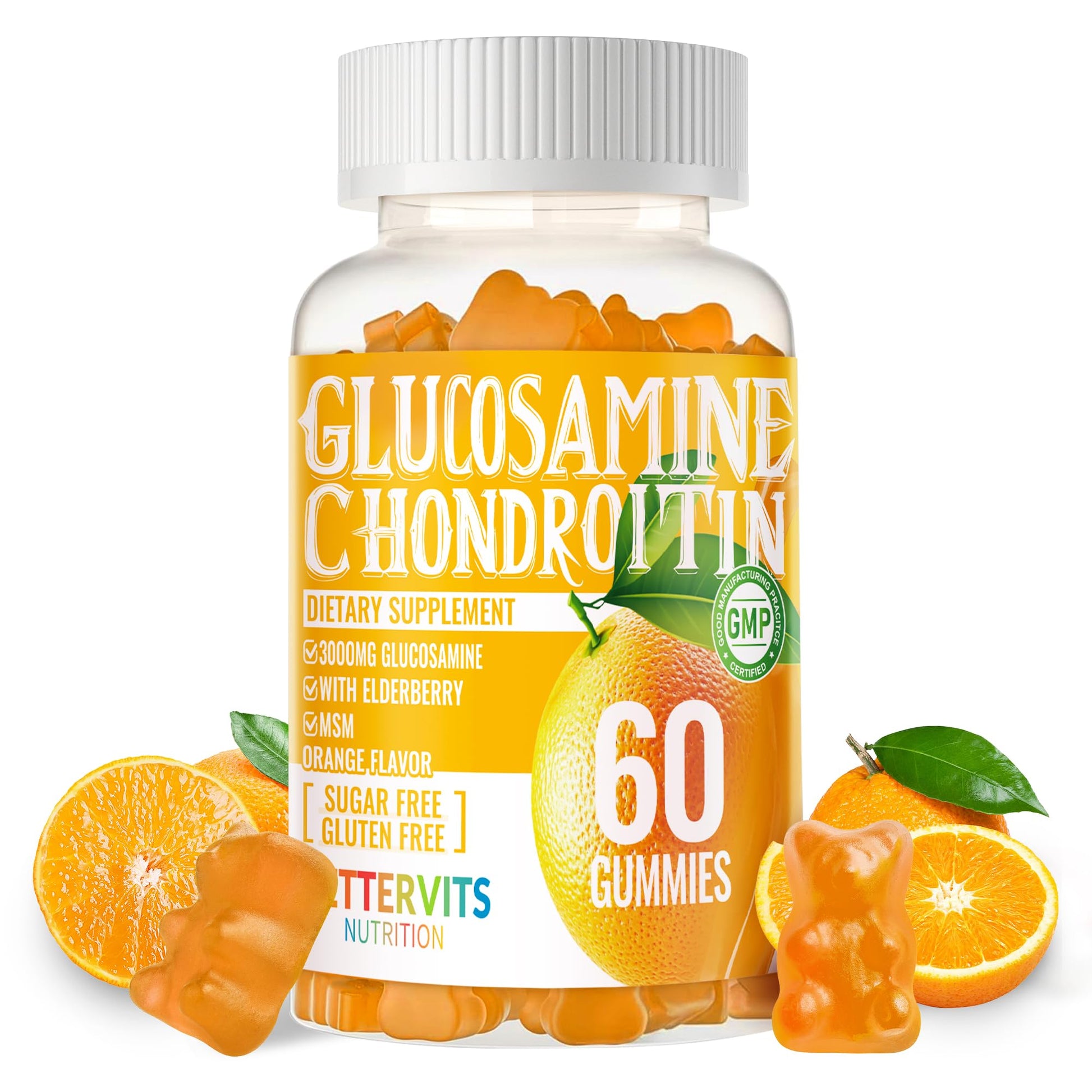 Bettervits Nutrition Glucosamine Chondroitin Gummies with MSM & Elderberry Extra Strength Joint Support, Antioxidant Immune Support, 60 Count