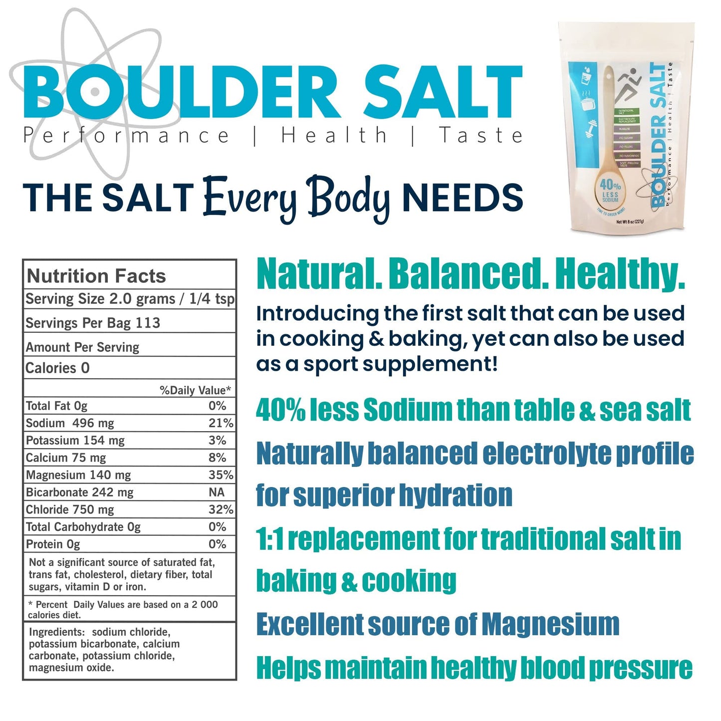 Boulder Salt Performance Health Taste Low Sodium Potassium Magnesium Electrolyte Salt Powder, 8 oz