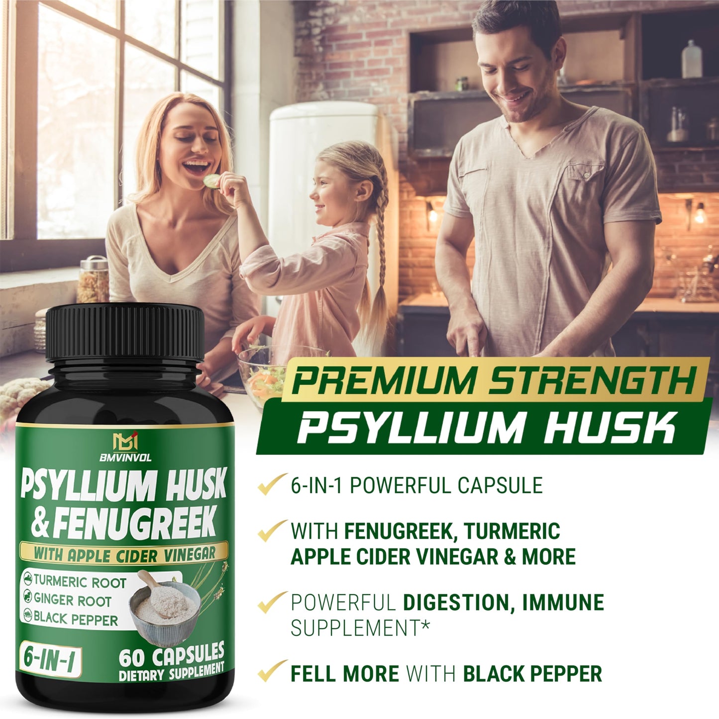 BMVINVOL 6in1 Psyllium Husk, Fenugreek, Apple Cider Vinegar, Turmeric, Ginger, Black Pepper Capsules, 60 Count