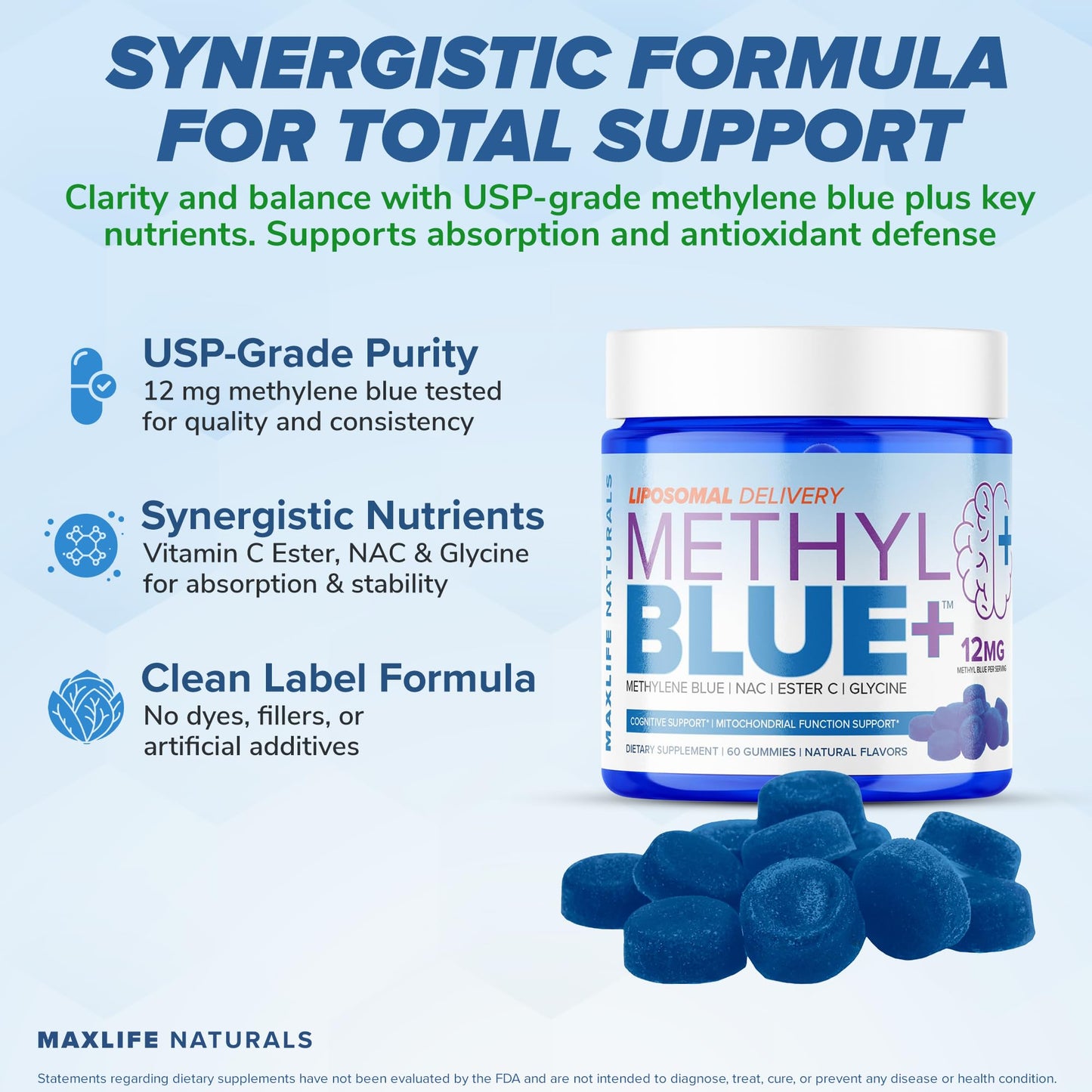 MAXLIFE NATURALS Liposomal Pure Methylene Blue Gummies, 12mg, 60 Count