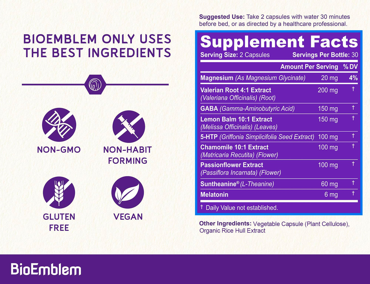 BioEmblem Natural Sleep Aid for Adults with Melatonin 180 Capsules