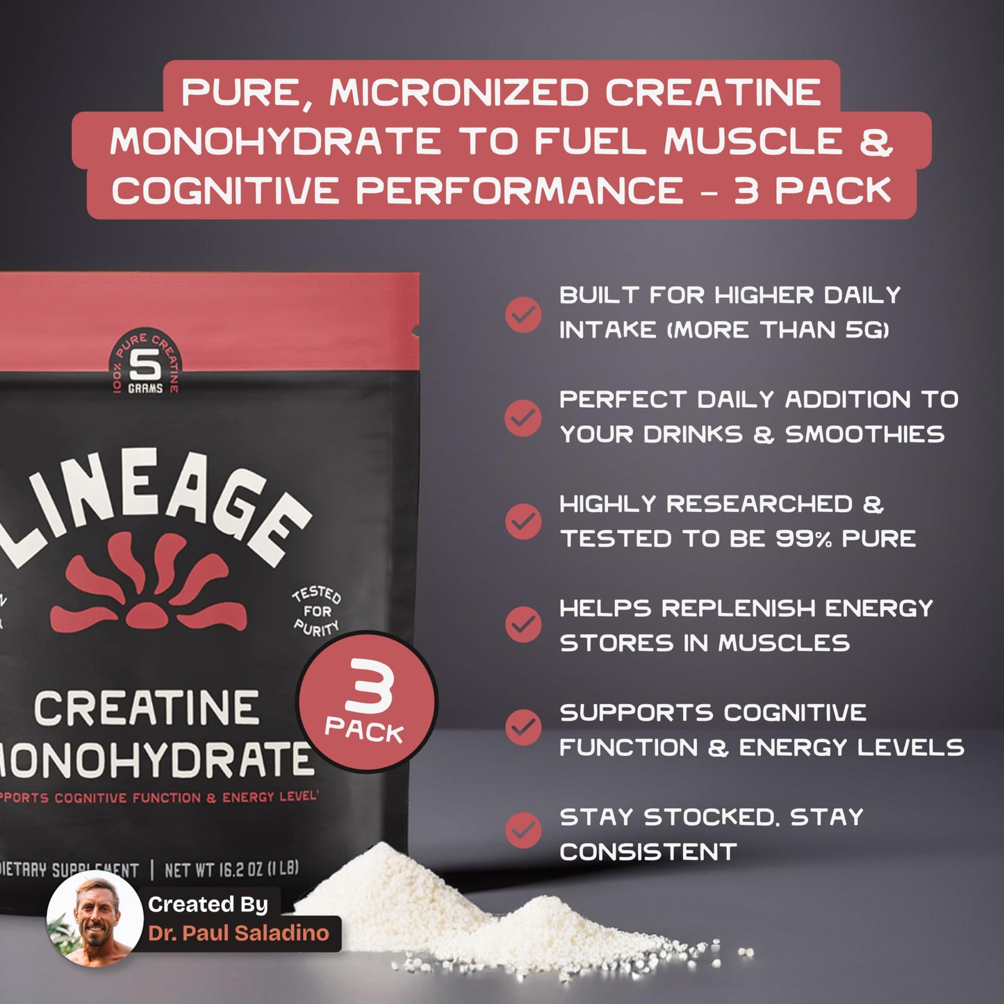 Lineage Provisions Creatine Monohydrate with Sea Salt Powder, 16-Count