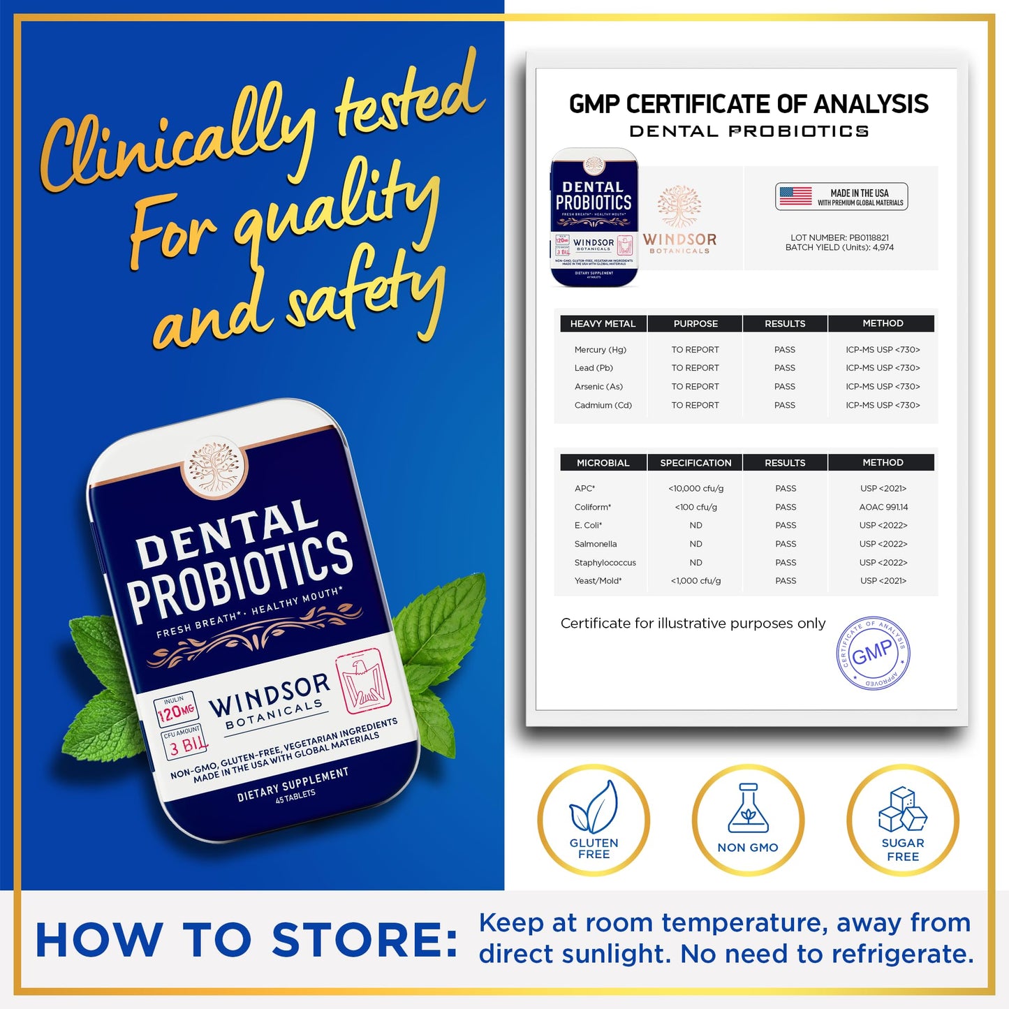 WINDSOR BOTANICALS Dental Probiotics for Teeth and Gums, 3BN CFU Lactobacillus Salivarius Acidophilus Tablets, 270 Chewable Tablets