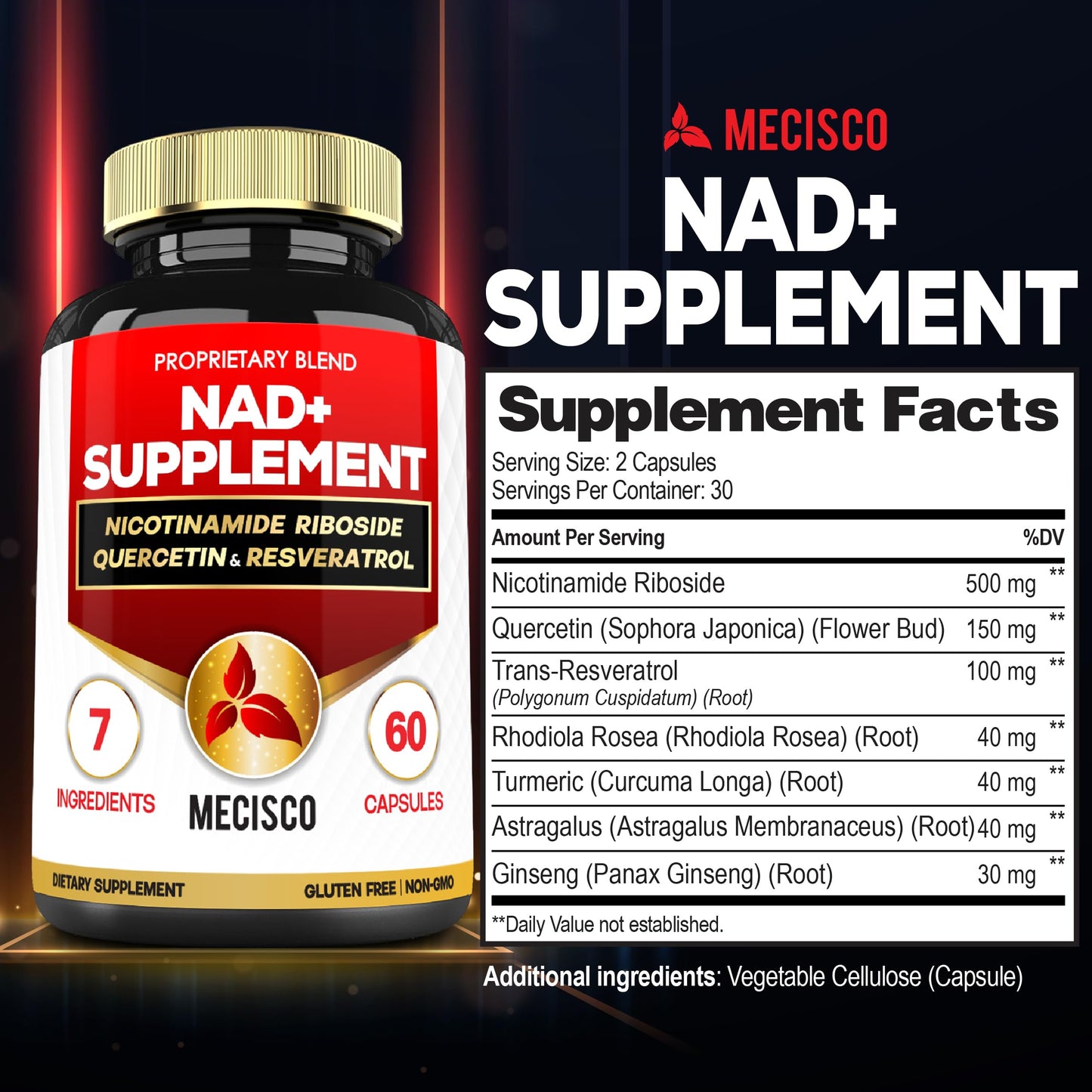 Mecisco NAD+ Supplement with Nicotinamide Riboside, Quercetin, Resveratrol, Turmeric, Rhodiola Rosea, Astragalus 60 Capsules