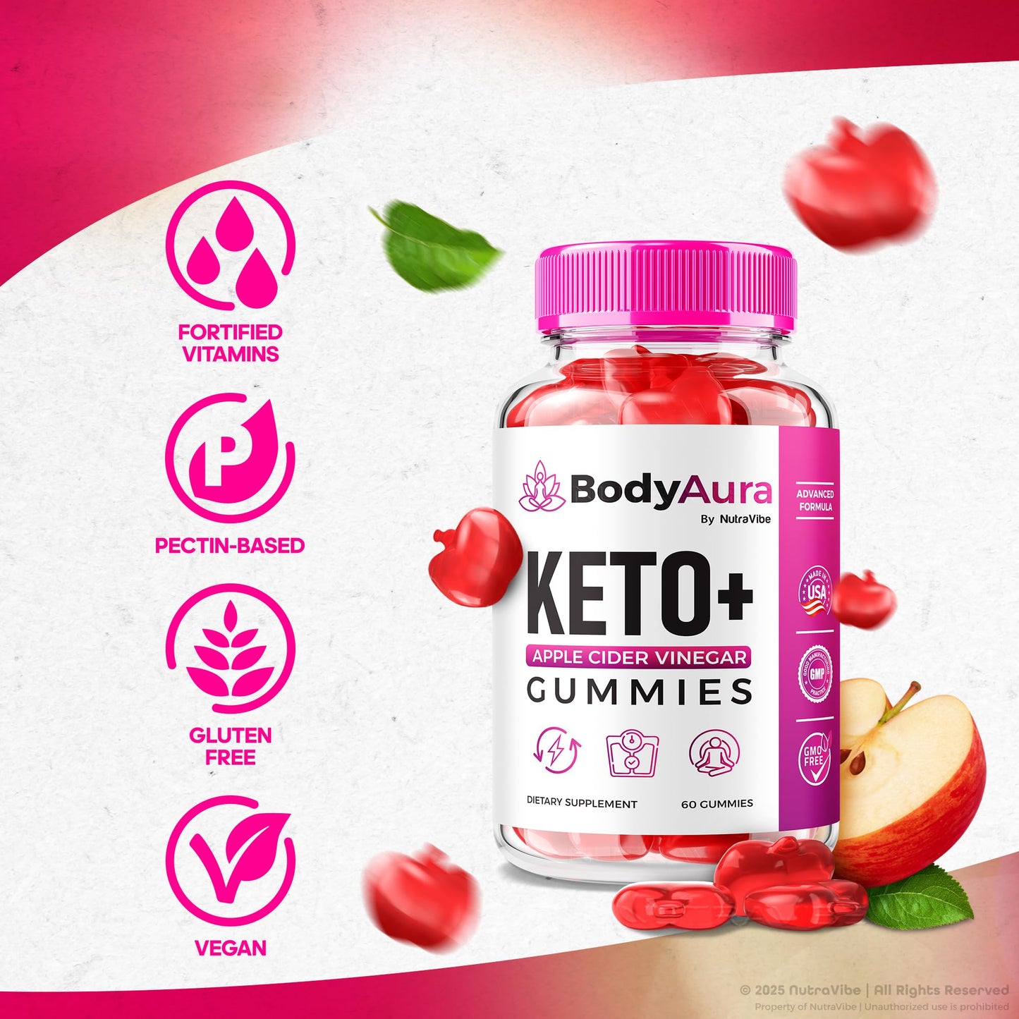 NutraVibe BodyAura Gummies – Keto + Apple Cider Vinegar Advanced Formula for Body Goals, Balance & Natural Energy, Delicious Easy-to-Chew Keto ACV Gummy, 180 Gummies