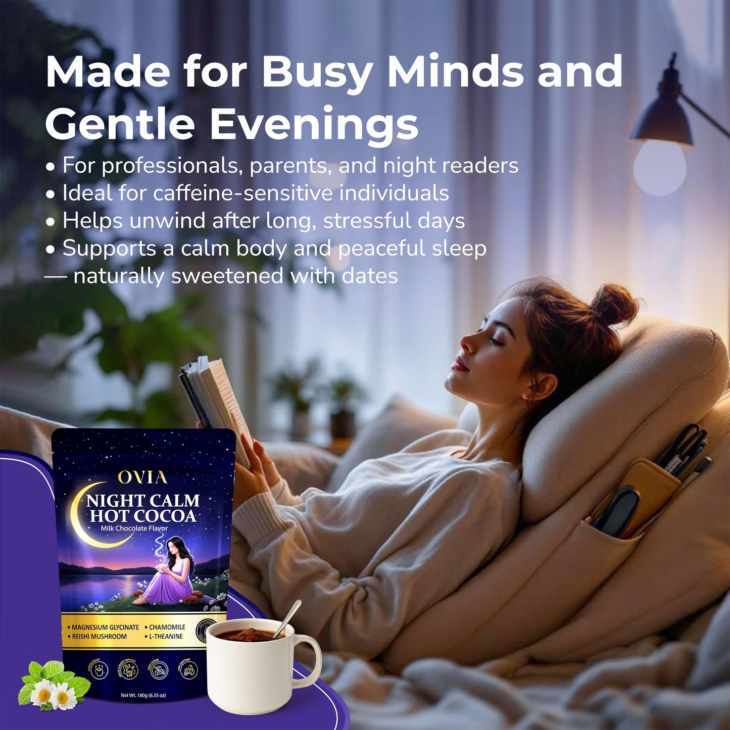 OVIA Night Calm Melatonin-Free Magnesium Mushroom Hot Cocoa Powder 6.35 oz