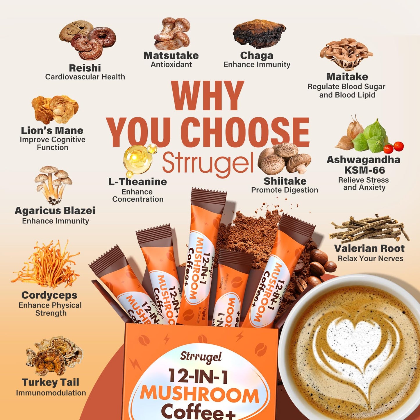 strrugel Organic Mushroom Coffee with Lion’s Mane & Reishi - 9 Functional Mushrooms + Ashwagandha for Focus, Energy & Stress Relief - Low Caffeine Instant Coffee Sticks Powder 6.7 Ounce