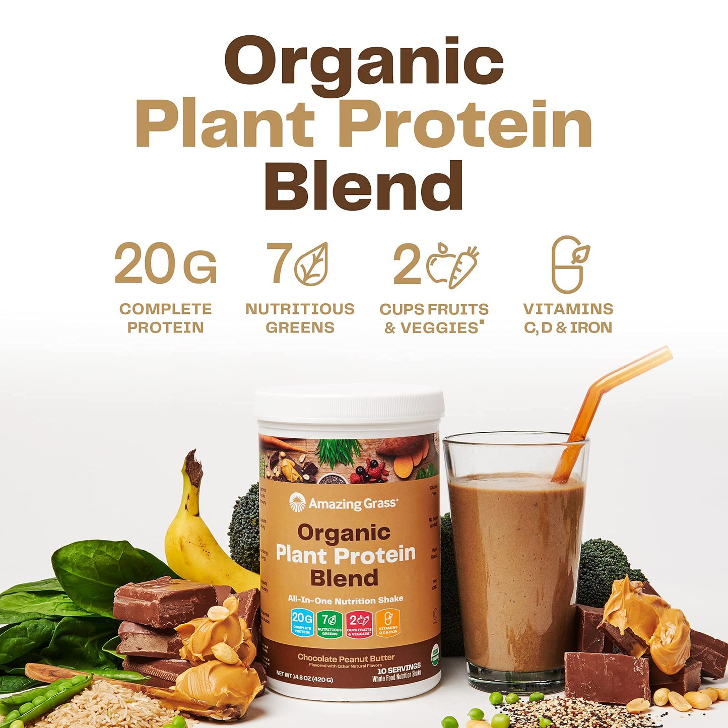 Amazing Grass Organic Protein Blend Chocolate Peanut Butter Protein Powder, 14.8 Ounce