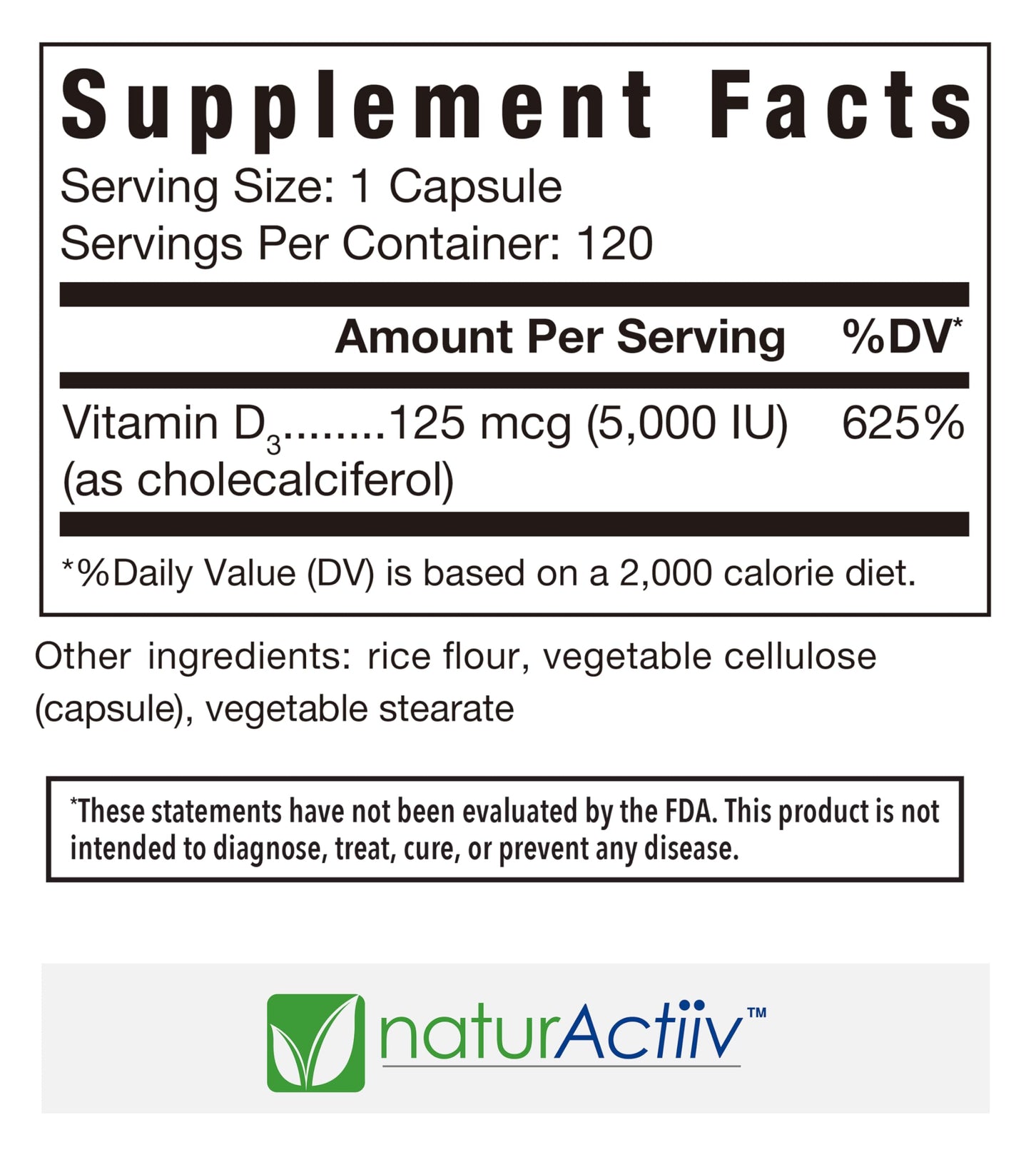 naturActiiv Organic Vitamin D3 125mcg (5000 iu) Pro Strength Mini Capsule, 120 Count