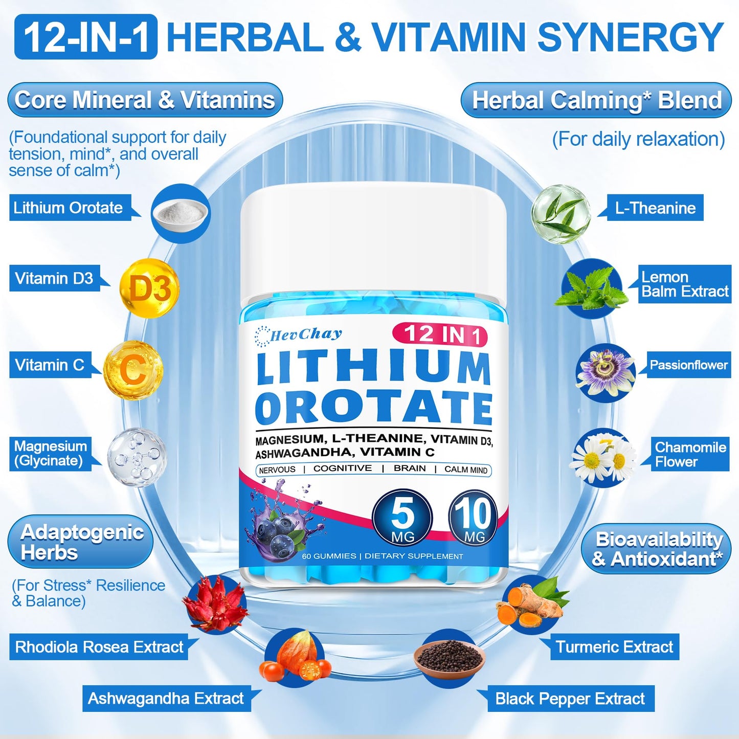 HevChay 12-in-1 Lithium Orotate 5mg 10mg with Ashwagandha & L-Theanine Gummies, 60 Count