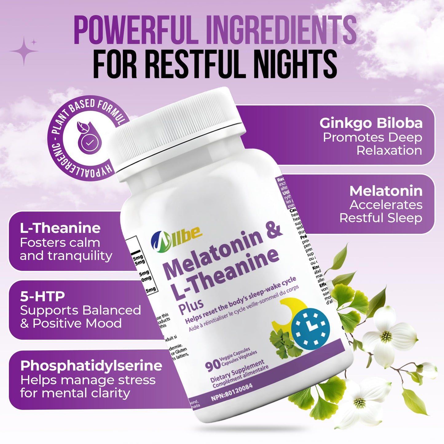 Allbe SleepCan Capsules 5mg Melatonin with Phosphatidylserine and L-Theanine, 180 Count