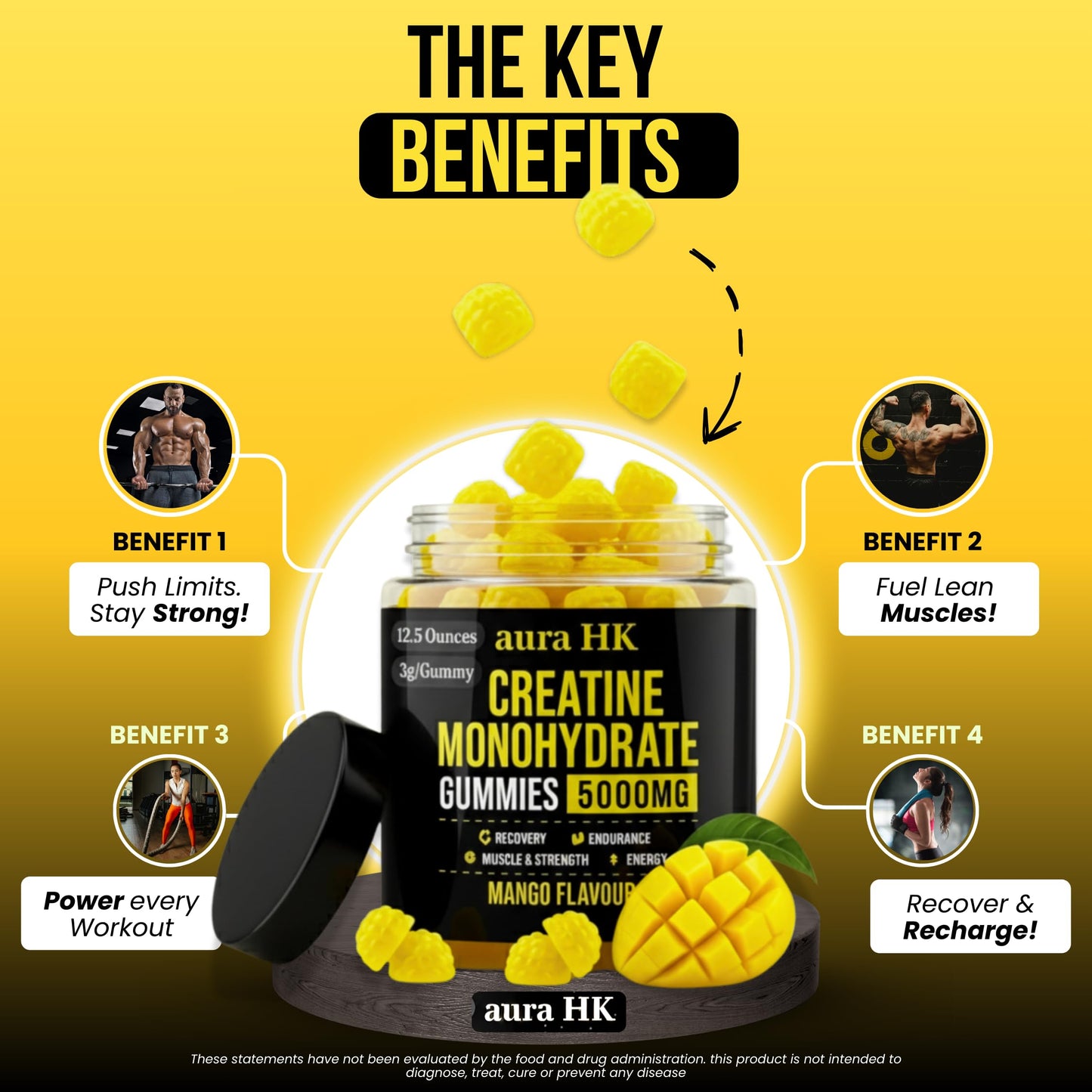 aura HK Sugar Free Creatine Monohydrate Gummies 5000mg Per Serving, Mango Flavor, with Turmeric Root & Black Pepper, Vegan Creatine Gummies for Men & Women, 120 Gummies