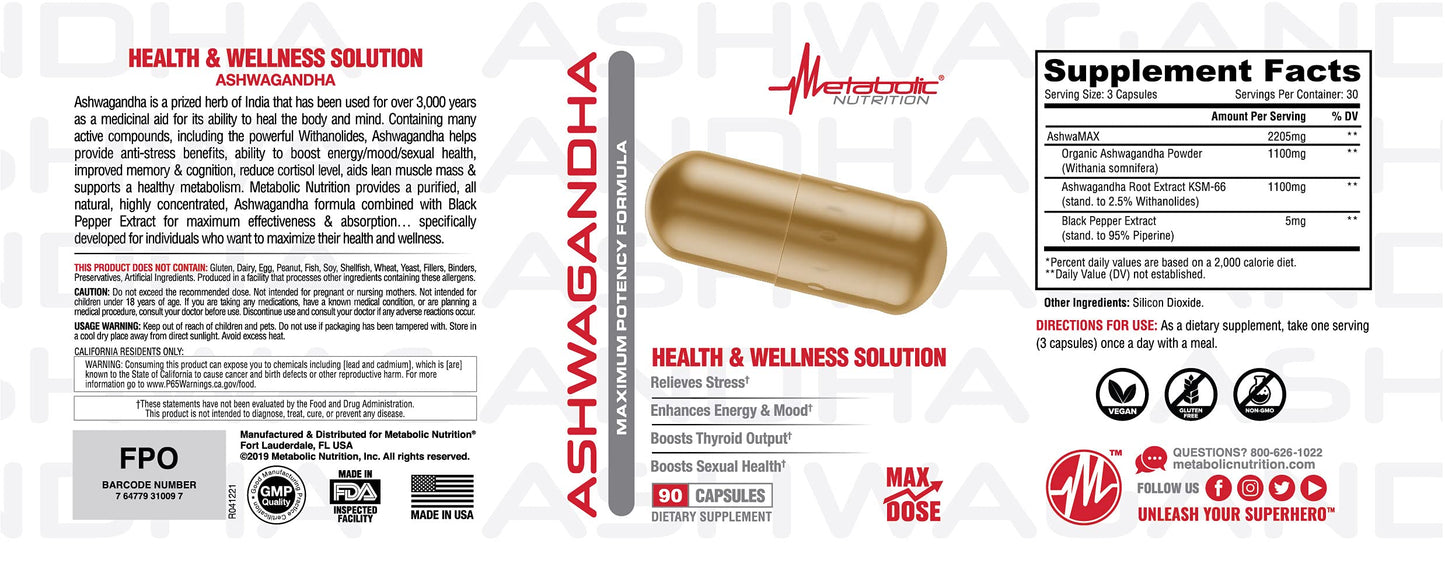Metabolic Nutrition Ashwagandha 2200mg Capsules, 90 Count