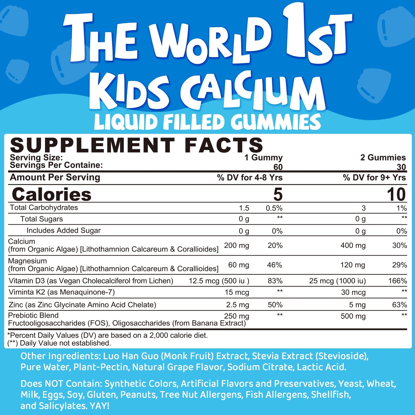 LILICARE Calcium for Kids 400mg Gummies with Vitamin D3 K2, Magnesium, Zinc, Algae Calcium, Vegan, 120 Gummies