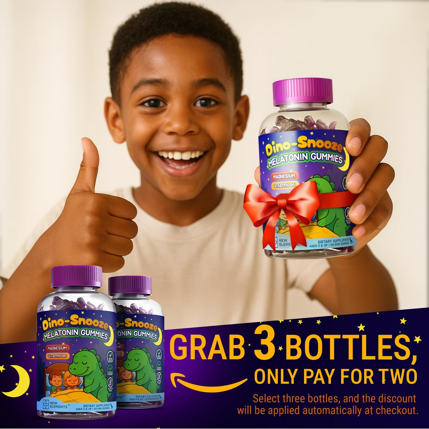 New Elements Melatonin Gummies for Kids 2mg with Magnesium Glycinate & Vitamin B6, Gummy, 60 Count