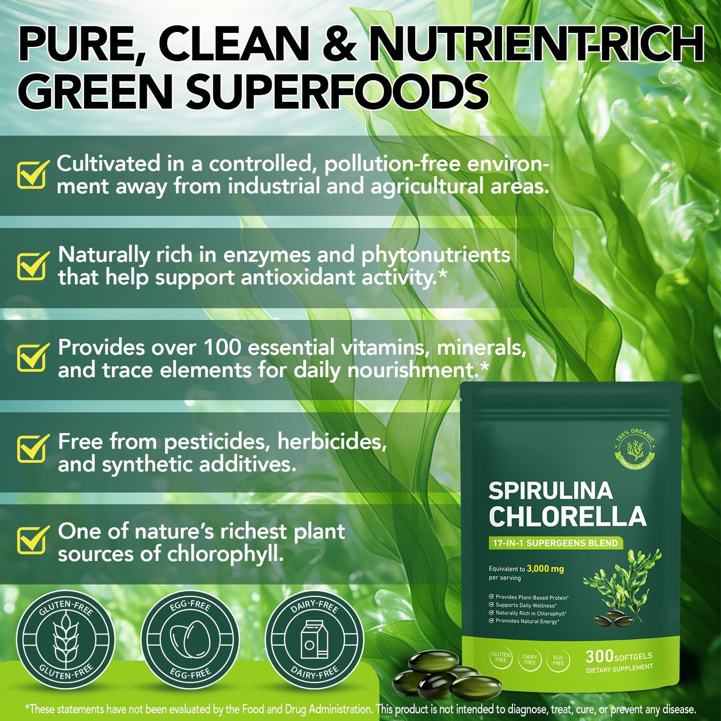 bnHUlMXw Organic Spirulina Chlorella Softgels, 300 Count