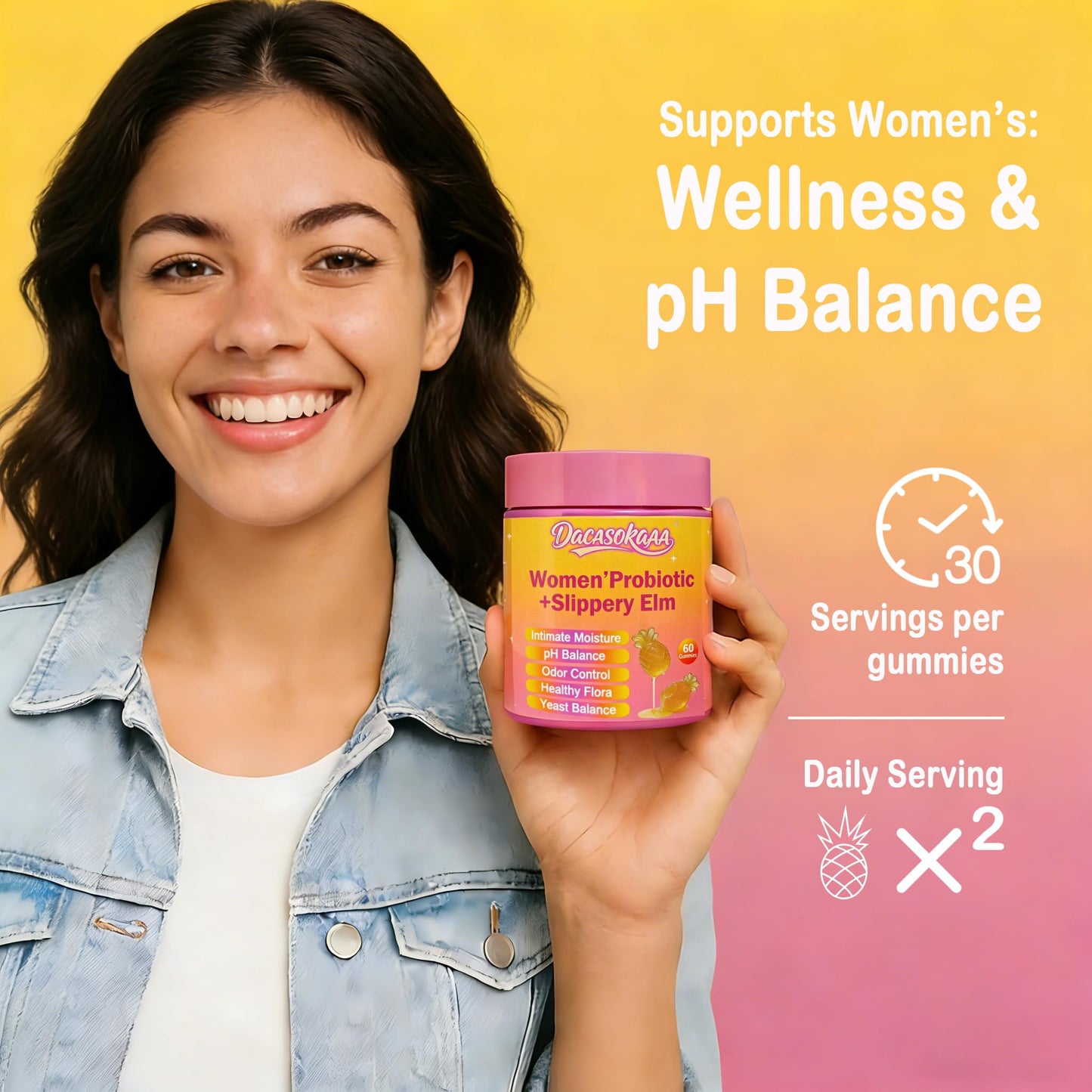 Dakasokaaa Her Juicy Feminine Probiotic Gummies for Women, Pineapple Flavor, 60 Gummies