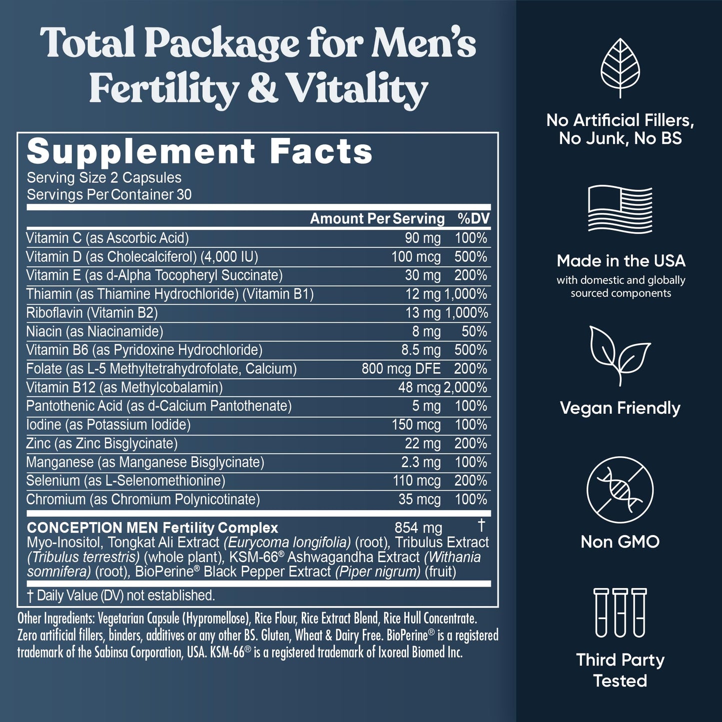 Eu Natural Conception for Him - Male Fertility Supplements with Ashwagandha, Folate & Zinc - Sperm Count, Motility & Strength Support - Fertility Support for Men, 60 Vegetarian Capsules