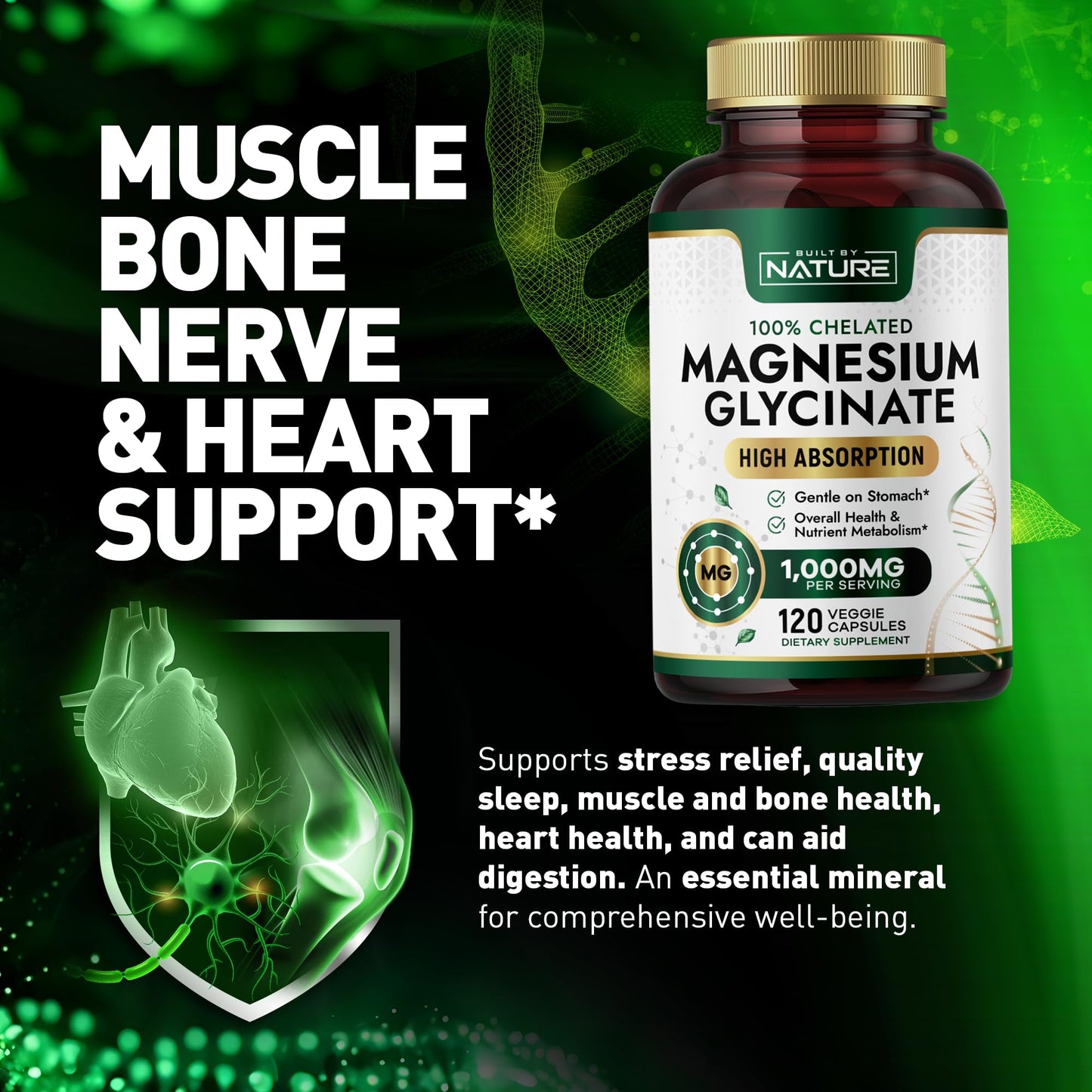 Built by Nature Magnesium Glycinate 1000mg High Absorption Magnesium Supplement – 100% Chelated, Gentle on Stomach – Muscle, Heart, Bone & Relaxation Support, Non-GMO, Vegan, 120 Capsules