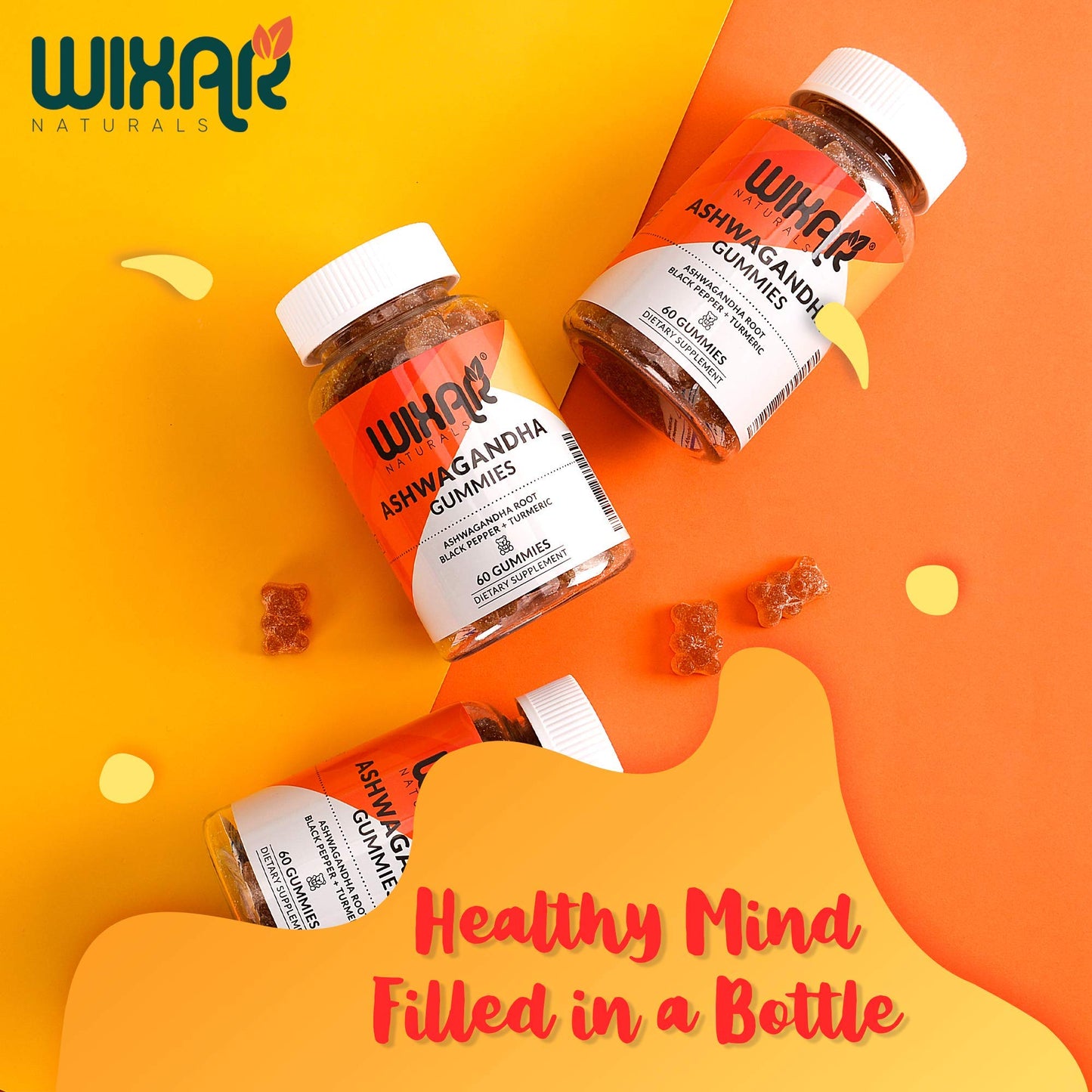WIXAR NATURALS Ashwagandha Gummies with Turmeric and Black Pepper Extract - Herbal Gummy Supplement, 60 Gummies