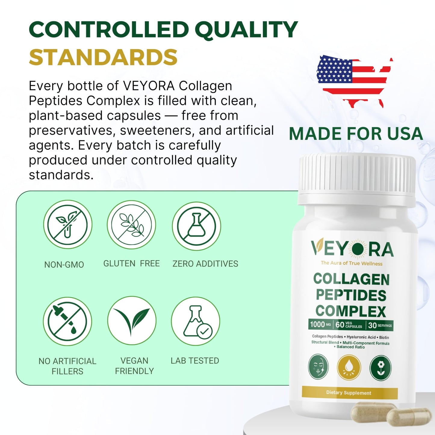 VEYORA Collagen Peptides Complex 1000 mg Capsules, 60 Count