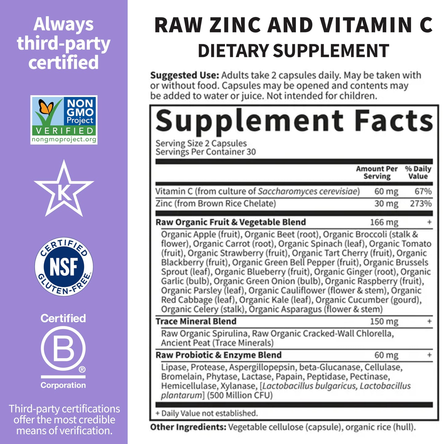 Garden of Life Zinc 30mg High Potency Raw Zinc and Vitamin C Multimineral Capsules 60 Count