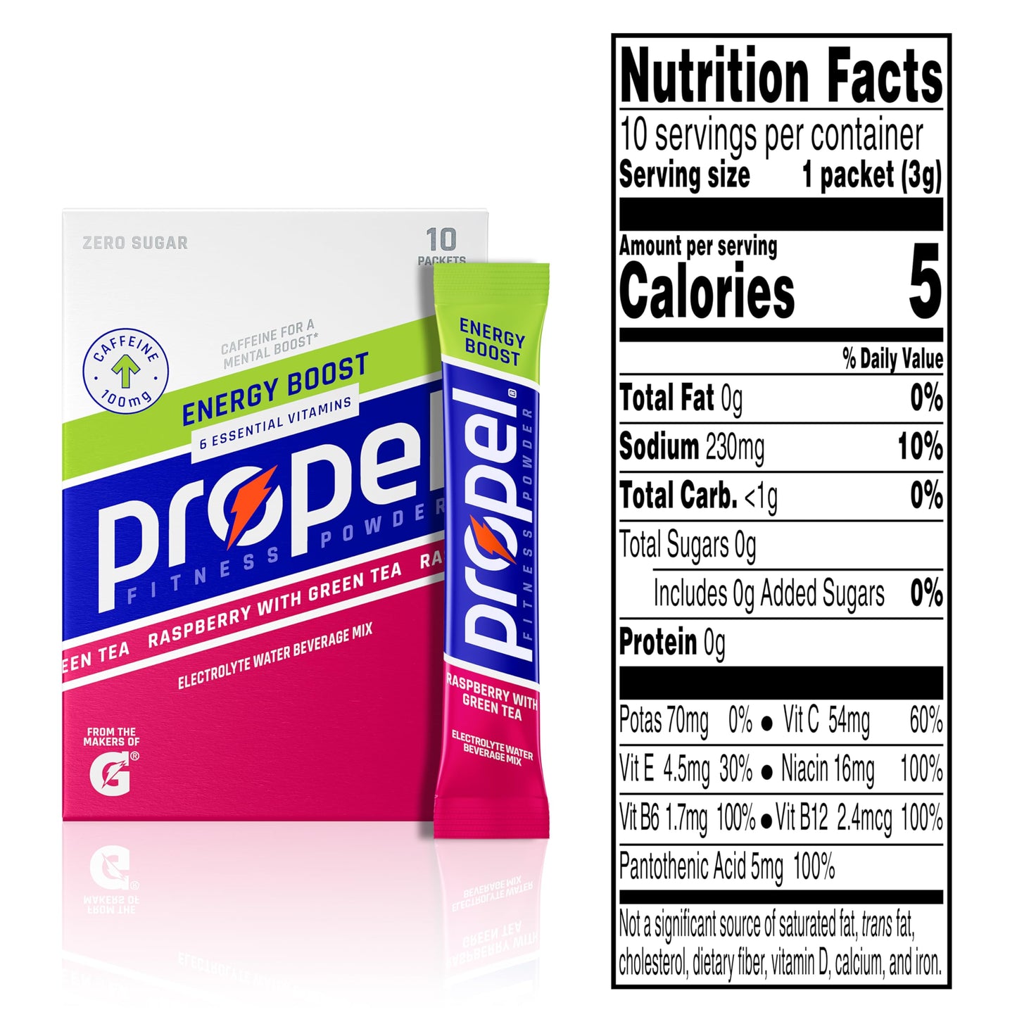 Propel Energy Boost Zero Calorie Powder Packets with Electrolytes and Caffeine, Raspberry Green Tea, 120 Pack