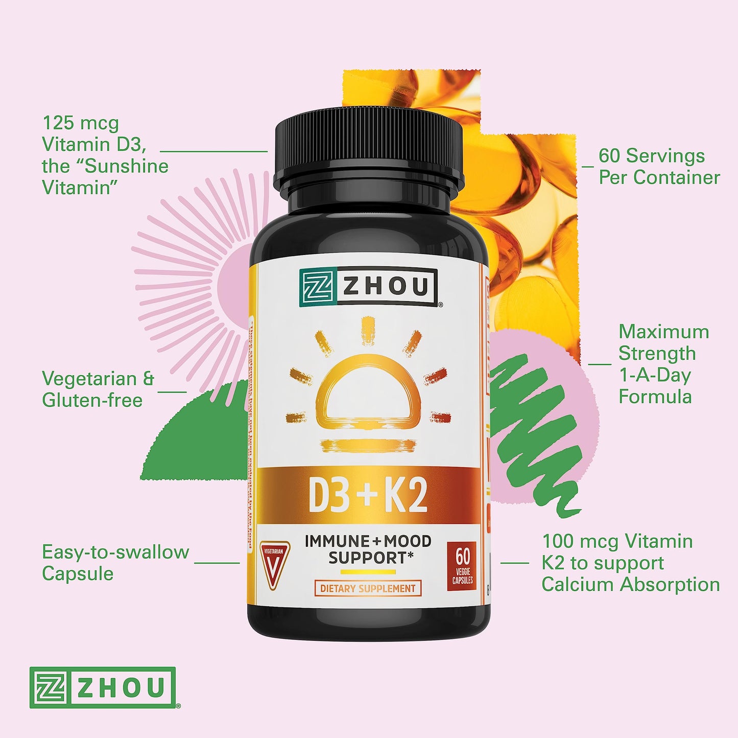 ZHOU D3+K2 Vitamin D3 K2 Capsule, 60 Veggie Capsules
