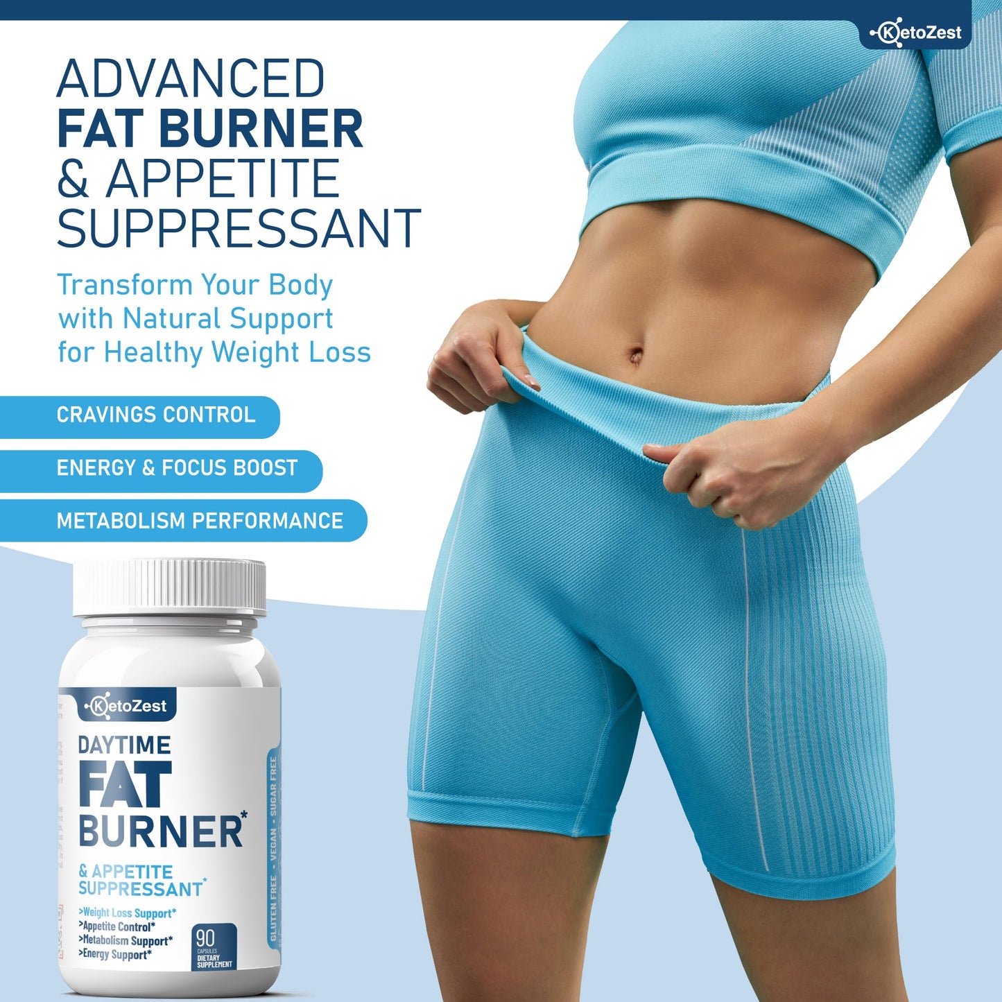 KetoZest Appetite Suppressant Fat Burner for Weight Loss - Daytime 180 Capsules