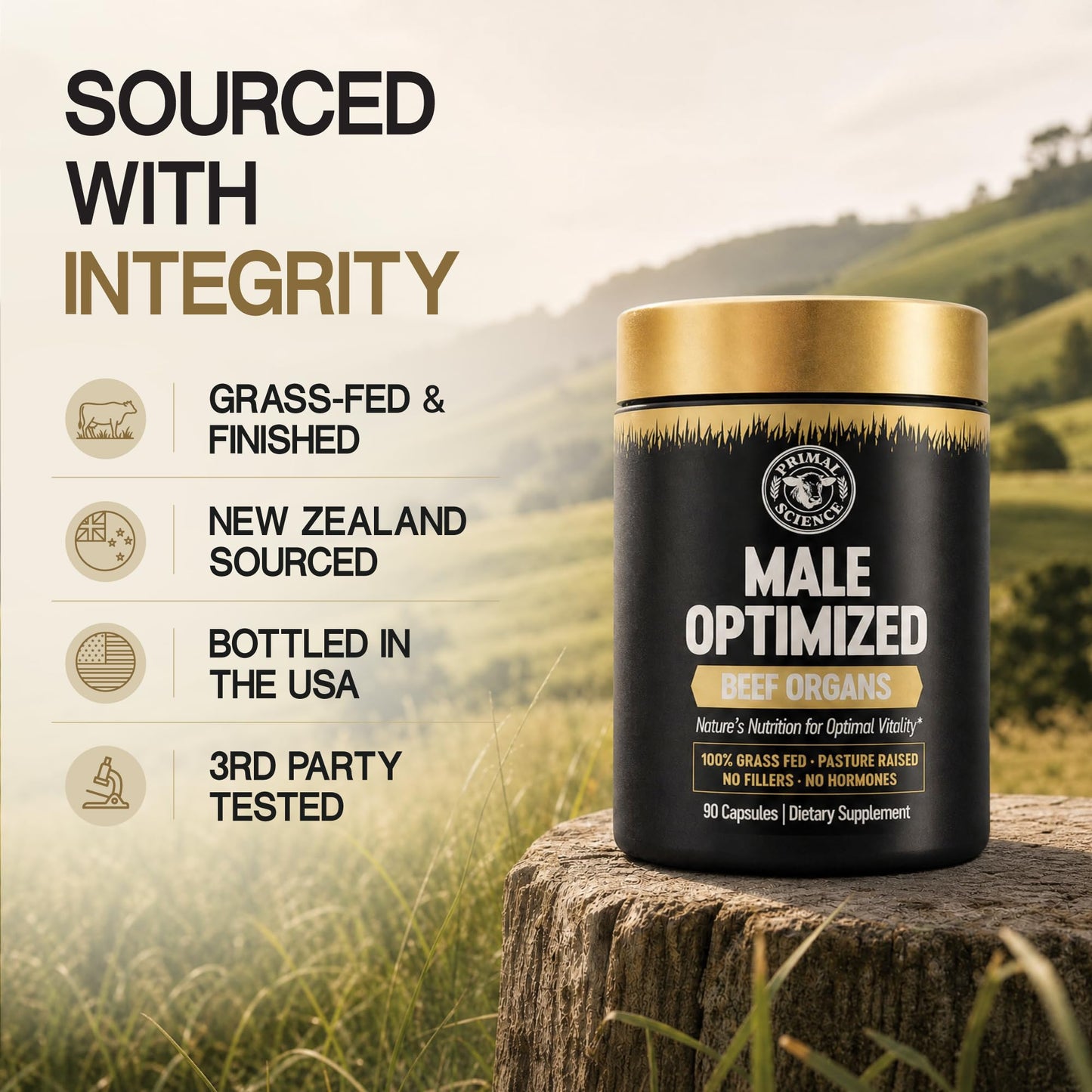 Primal Science Beef Organ Supplement for Men 100% Grass Fed Beef Testicle, Prostate, Liver & Bone Matrix High Absorption with Black Pepper Non-GMO, Hormone Free, Made in USA 90 Capsules