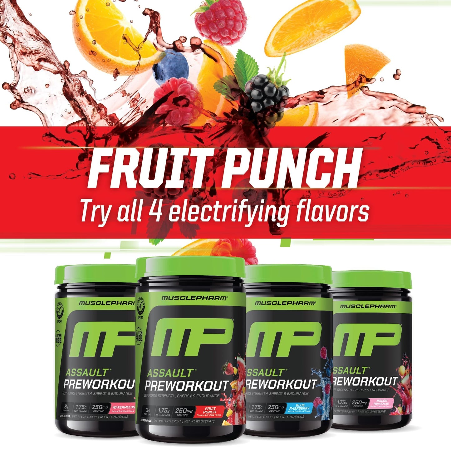 Muscle Pharm Assault Pre Workout Powder Fruit Punch Flavor 12.1 Ounce