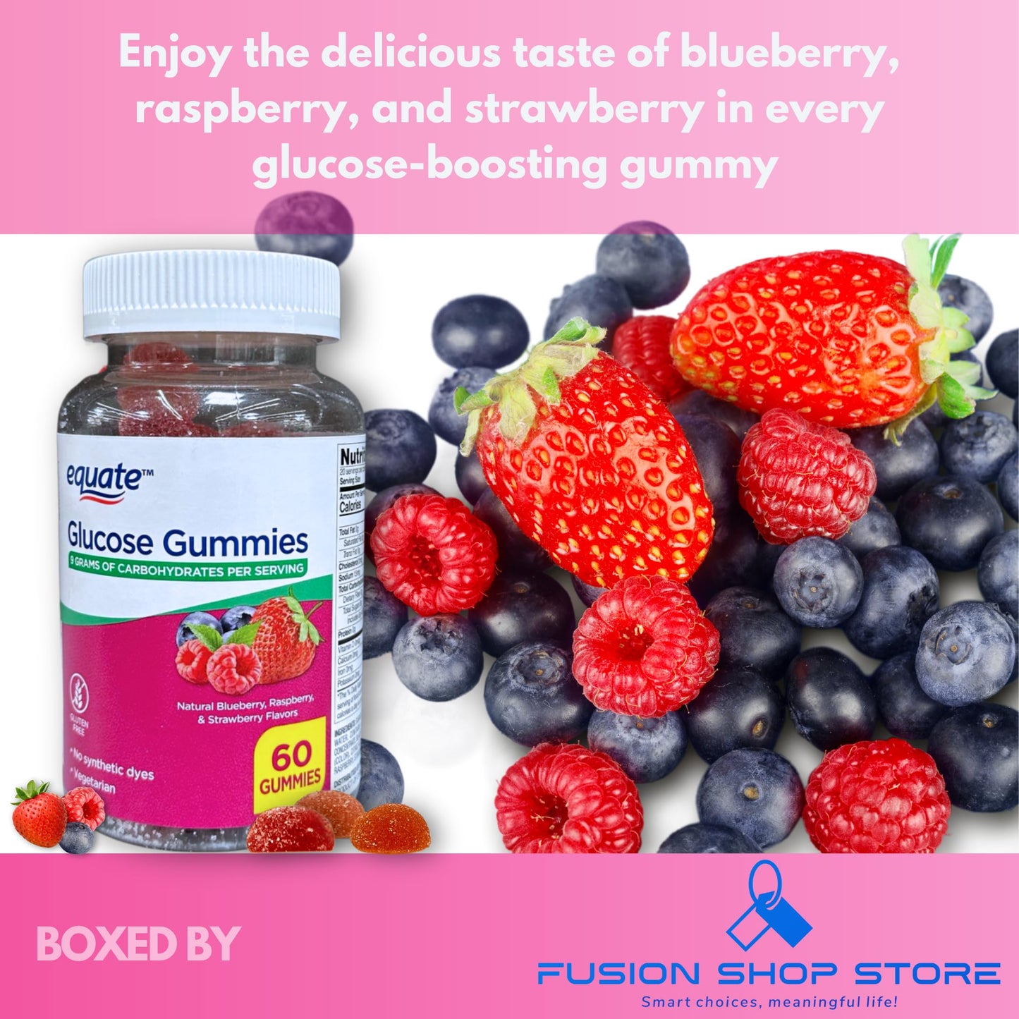 FUSION SHOP STORE Glucose Gummies- Blueberry Raspberry and Strawberry Flavor, 60 Gummies