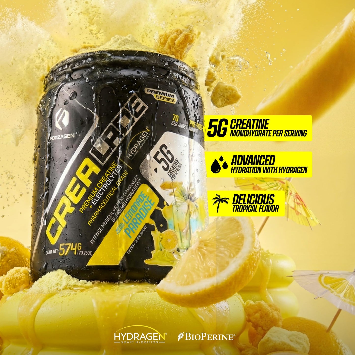 Forzagen CREA-Lade Premium Creatine Monohydrate with Electrolytes Flavored Lemonade Paradise Powder 35 Servings