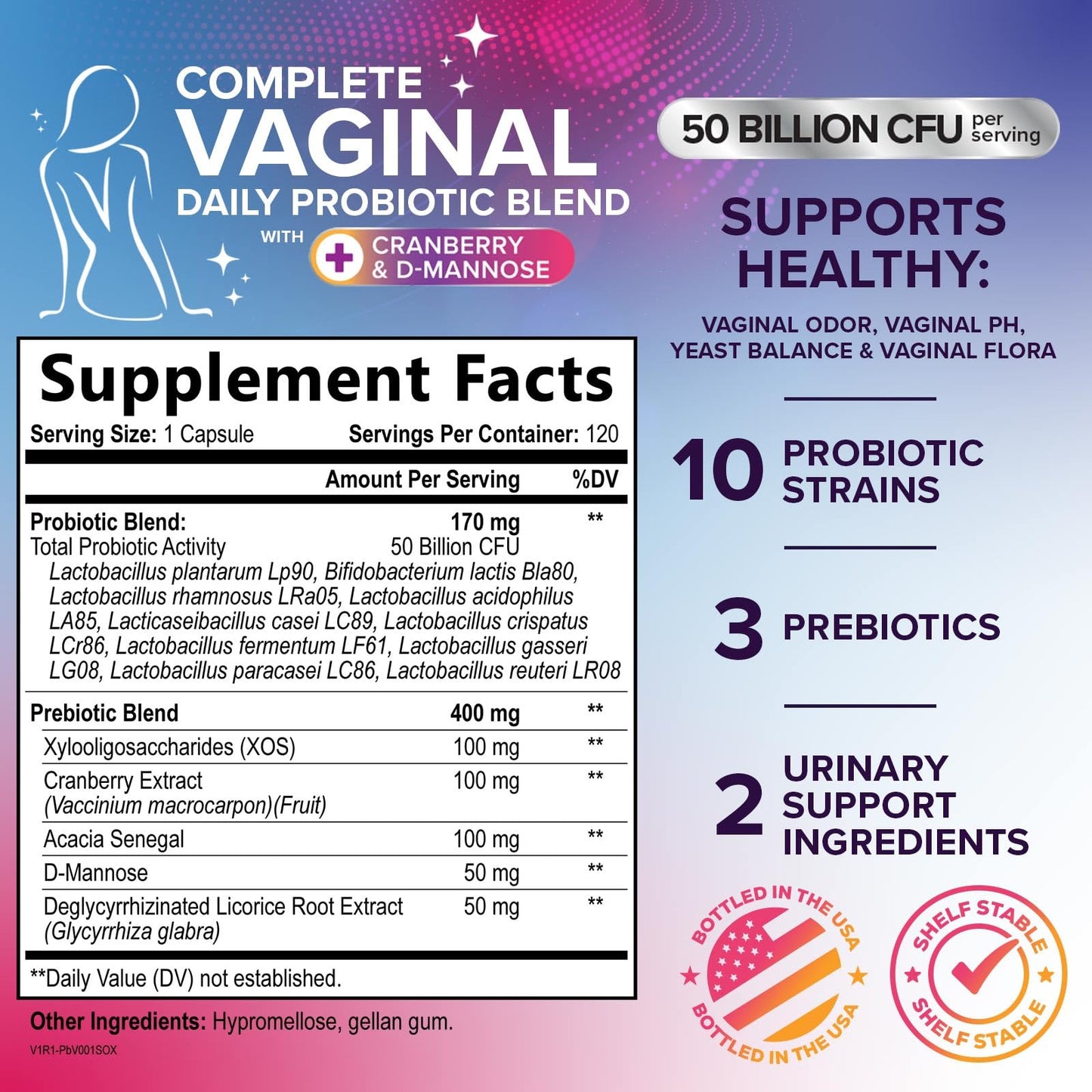 Nature's Peak Vaginal Probiotics for Women pH Balance with Prebiotics, 50 Billion CFU, 10 Strains, Cranberry & D-Mannose, Capsules, 120 Capsules