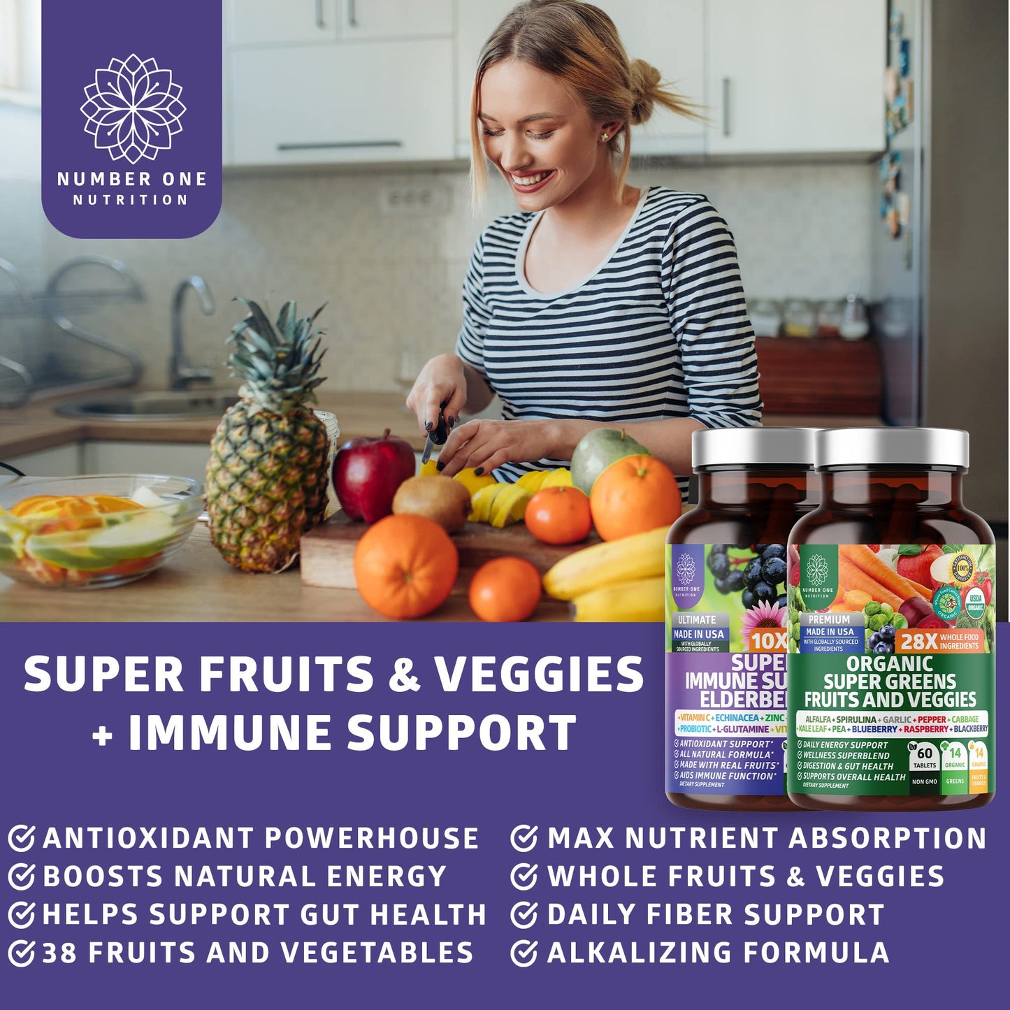 Number One Nutrition N1N Premium Organic Super Fruits & Veggies + Immune Support 120 Capsules