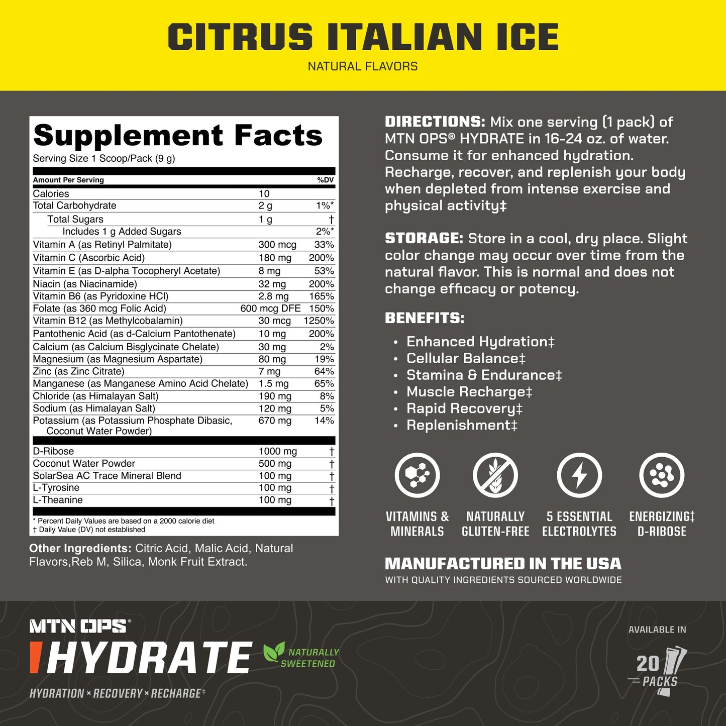 MTN OPS Hydrate Sugar Free Electrolyte Packets Powder 5.6