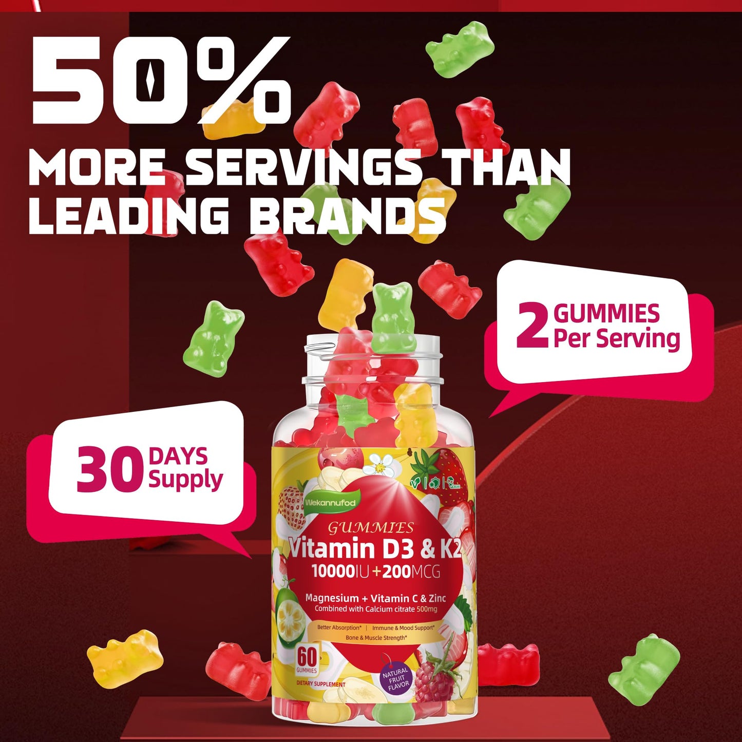 Wekannufod Sugar-Free Vitamin D3 K2 Gummy 60 Gummies