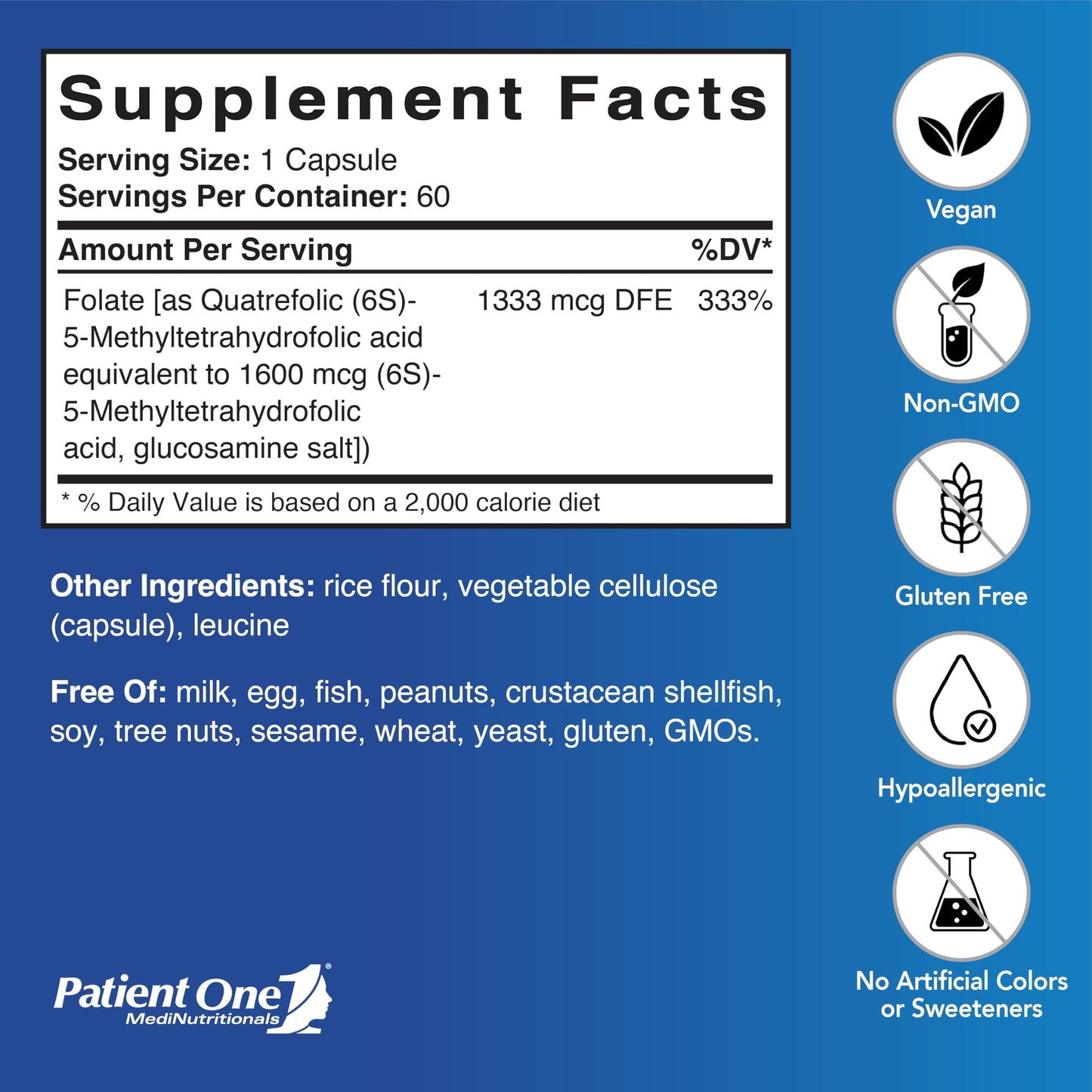 Patient One Q-Folate 800mcg with Quatrefolic 5-MTHF Folate Capsule, 60 Count