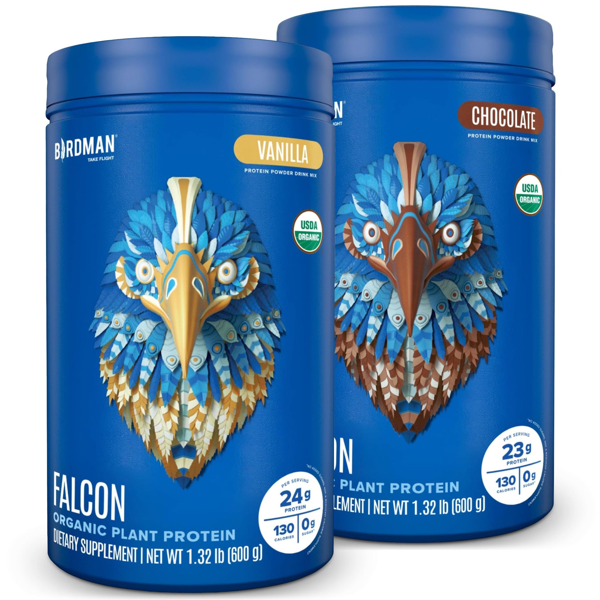 BIRDMAN Falcon Vegan Protein Powder, 2-Pack Vanilla & Chocolate Flavors, 20 Servings Each