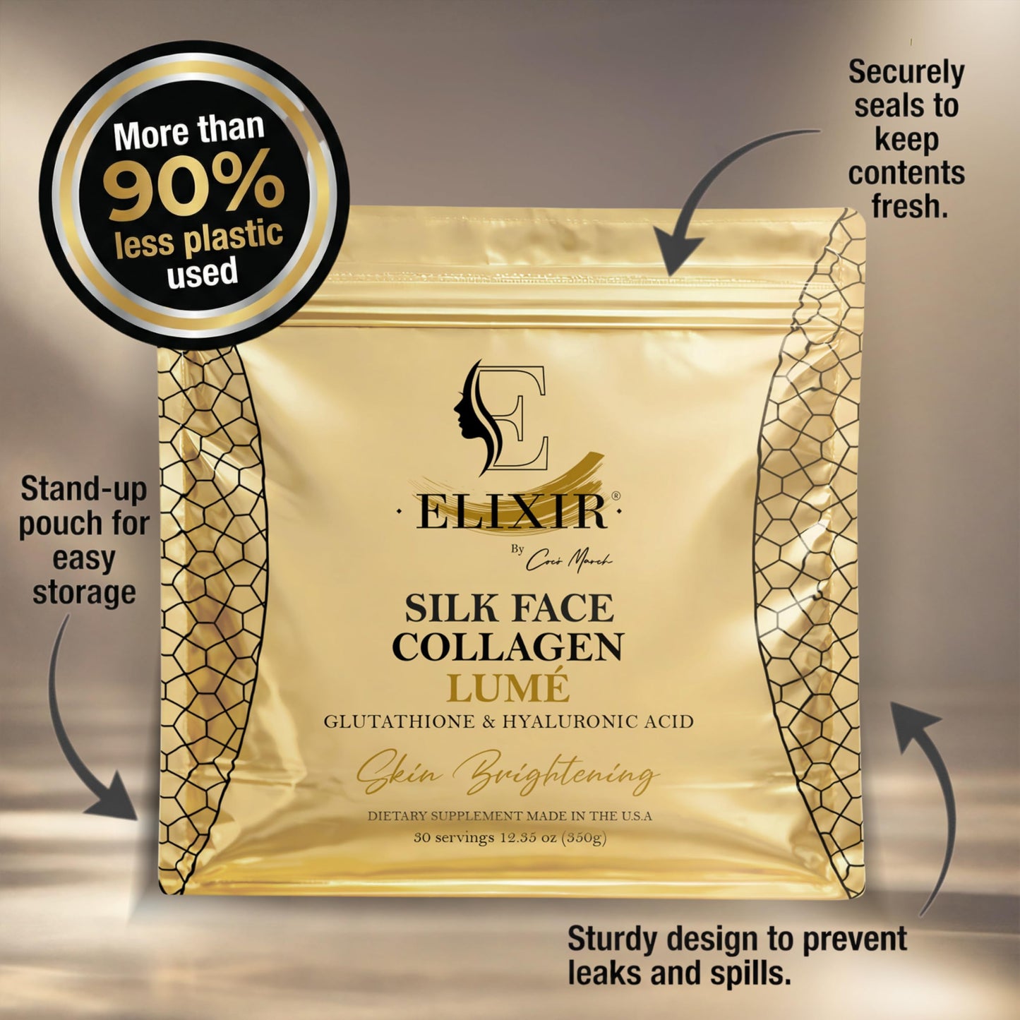Elixir by Cocó March Silk Face Collagen Lumé Powder with Hyaluronic Acid & Glutathione – Collagen Peptides 20g Protein Powder for Women – Supports Skin Care, Hydration, Elasticity & Radiance - 12.35 Ounce