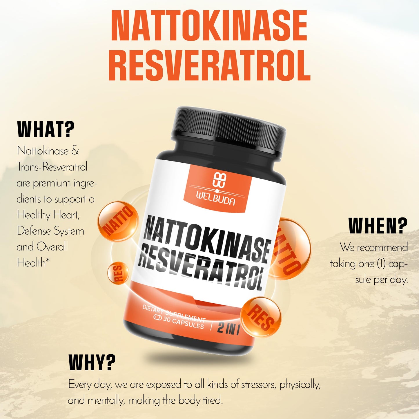 WELBUDA Nattokinase Supplement with Trans-Resveratrol Capsules, 30 Count