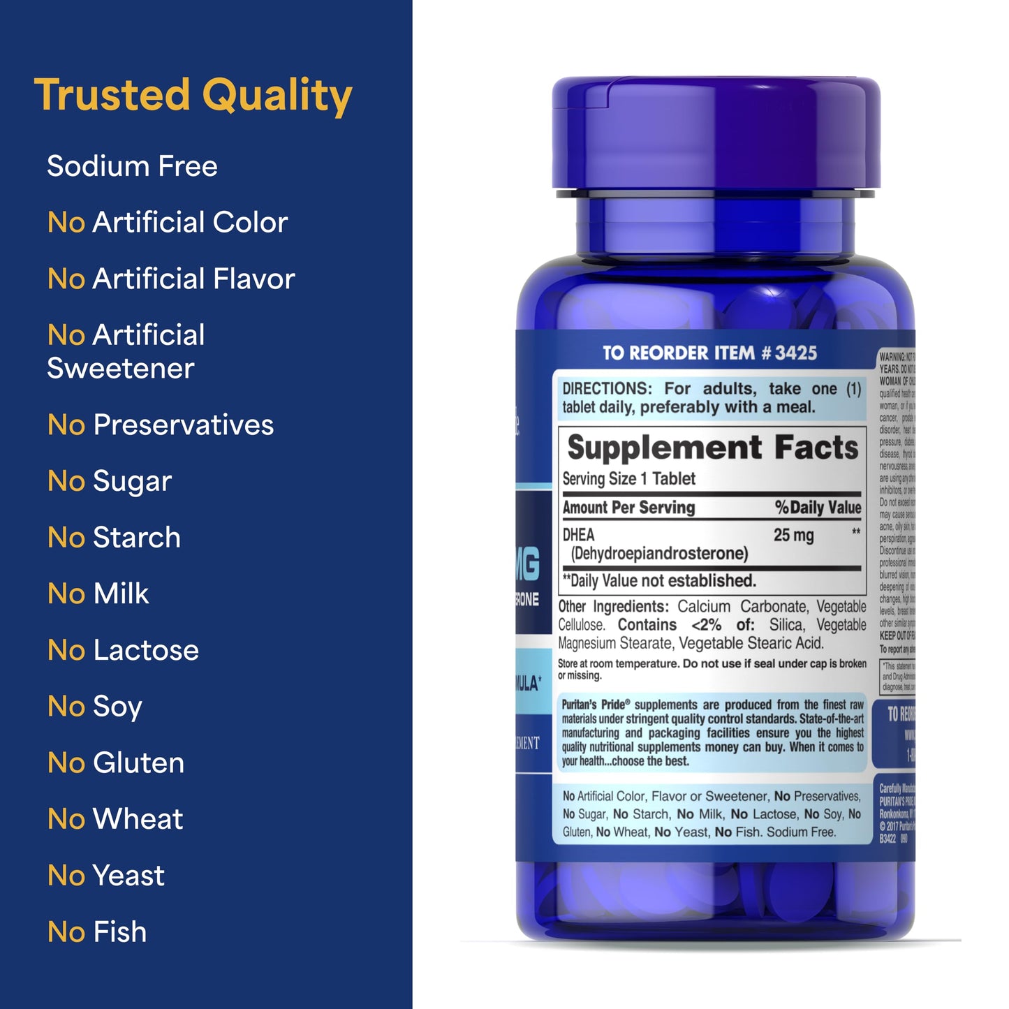 Puritan's Pride Youth Guard DHEA for Women and Men 25 mg Tablet, 250 Tablets